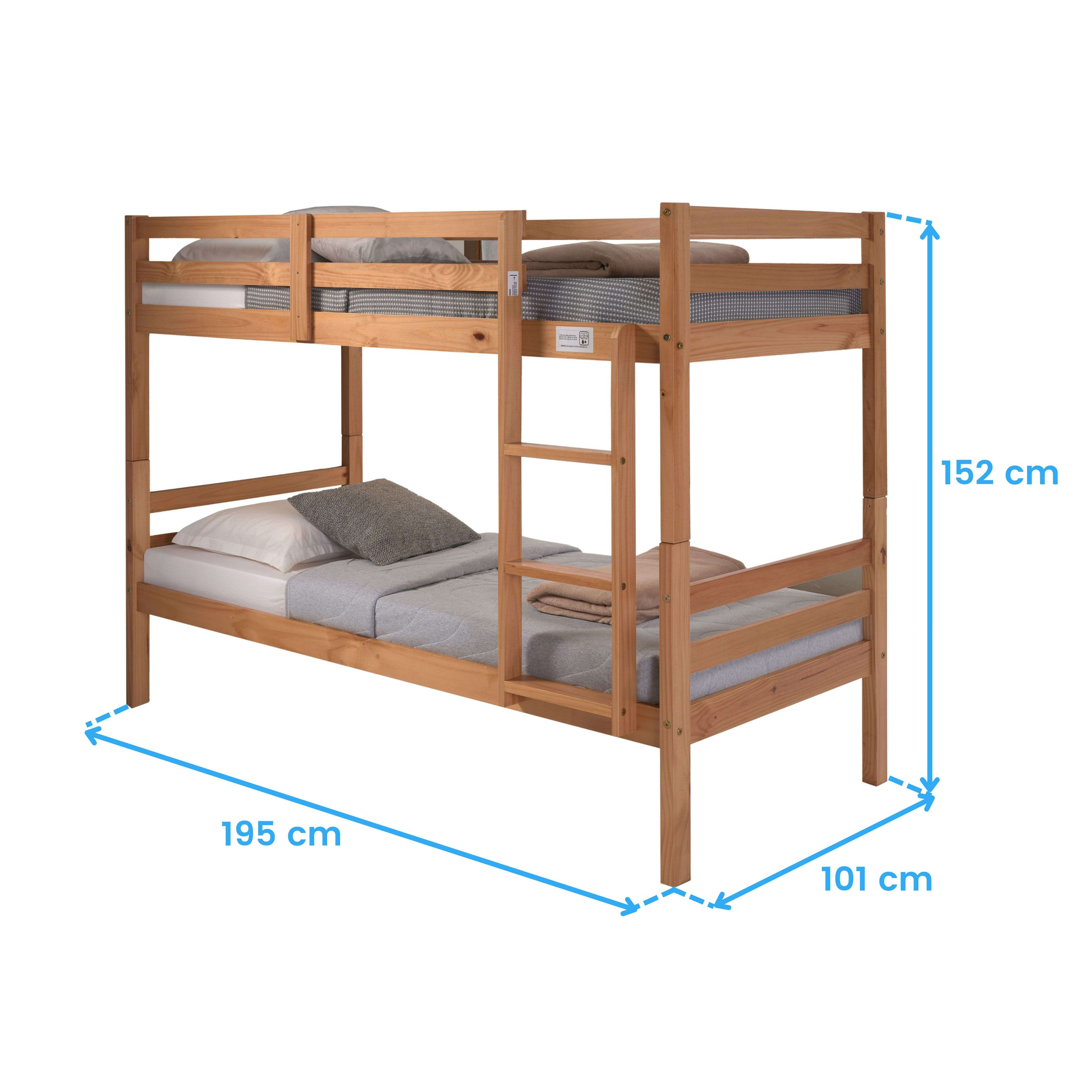 Litera de madera con escalera. Dimensiones: 195x101x152 cm. Con ropa de cama.
