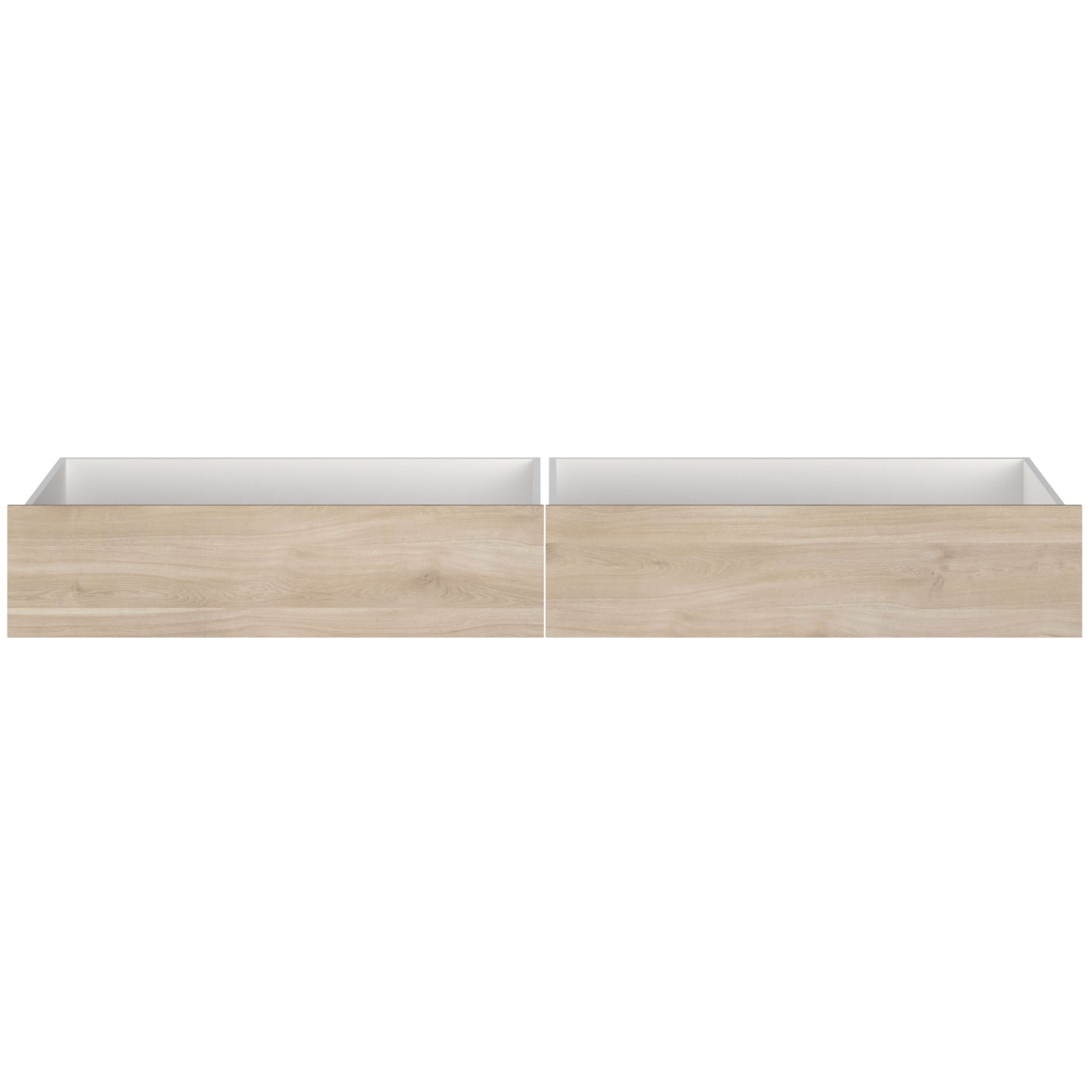 Dos cajones abiertos con decoración de madera clara y superficies interiores blancas.