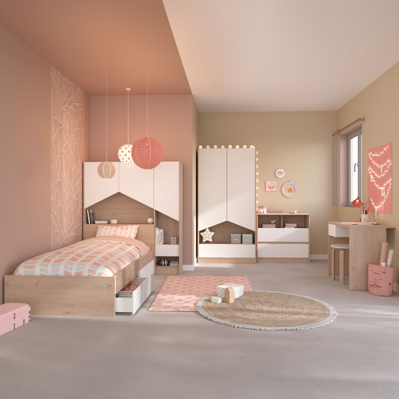Una habitación infantil luminosa con cama, armario, escritorio y alfombra.