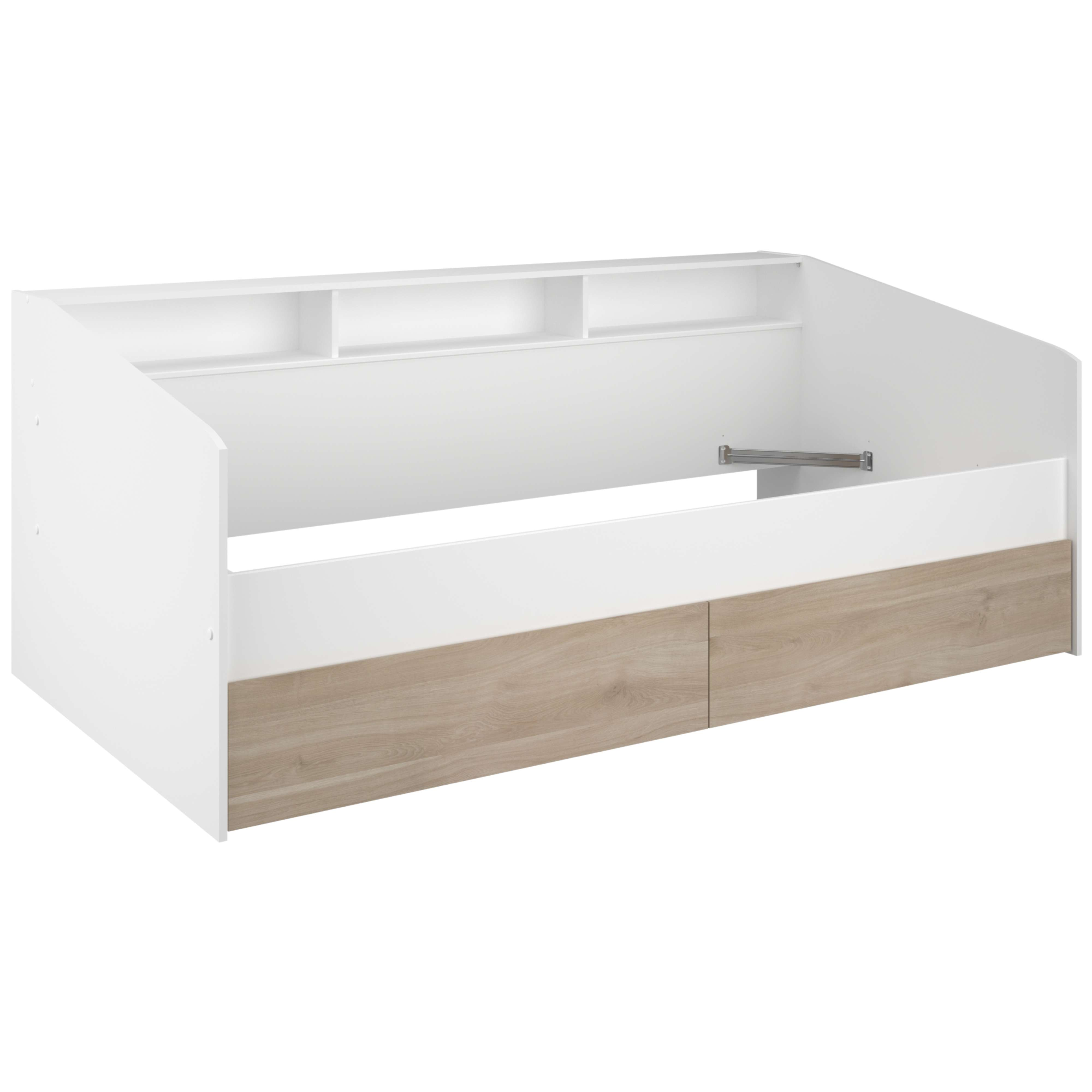 Una estructura de cama blanca con detalles de madera y estantes.
