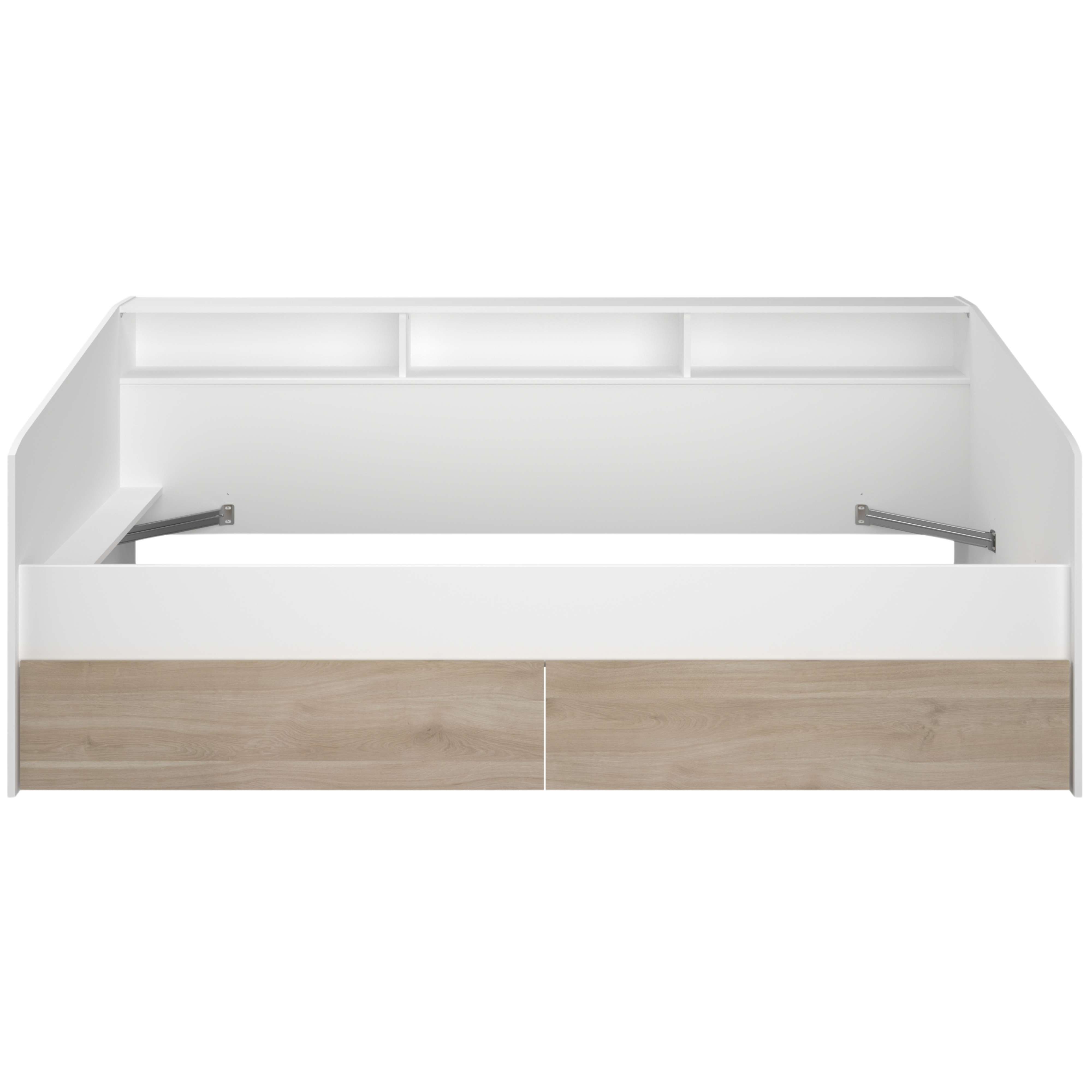 Estructura de cama blanca con cajones de veta de madera y estantes.