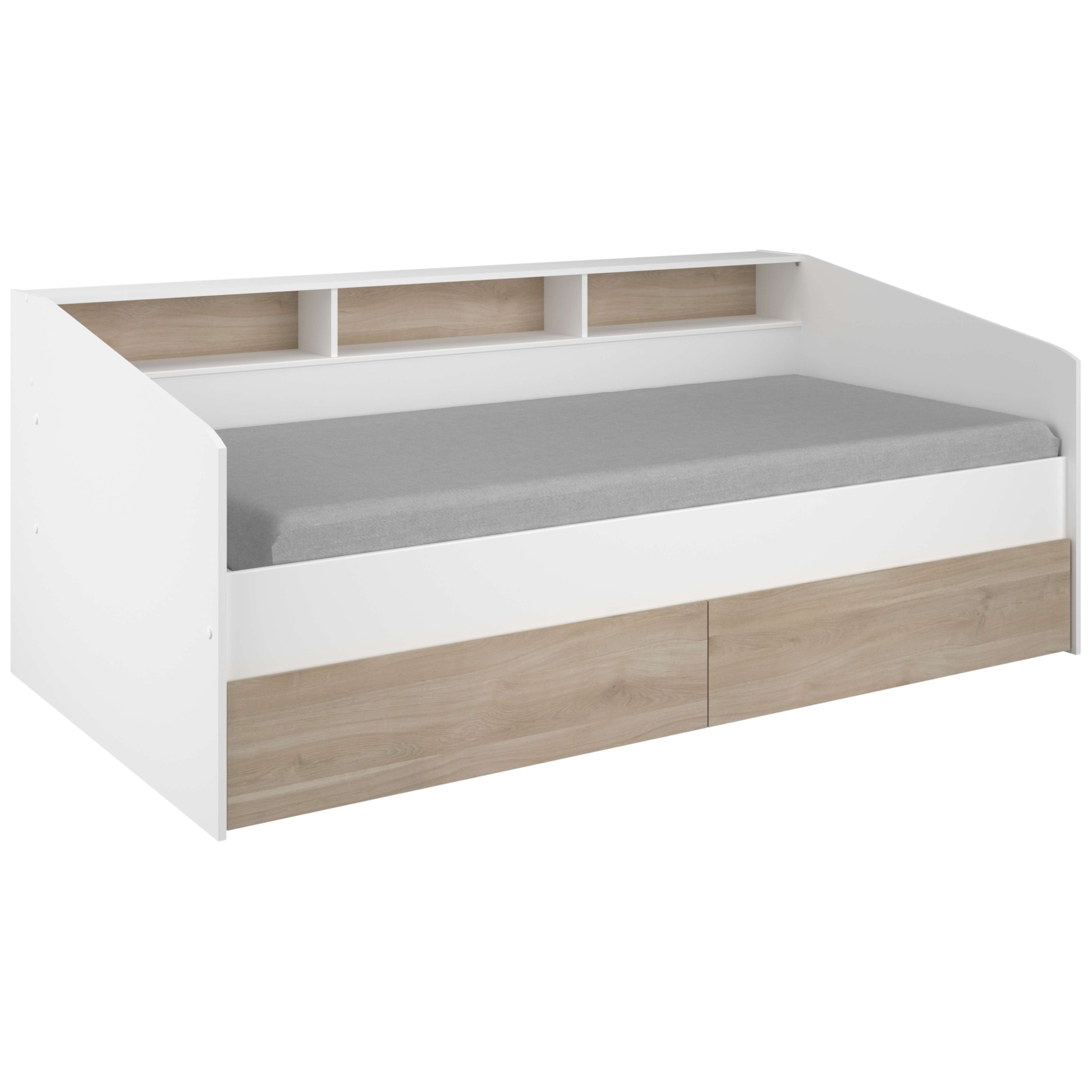 Un diván blanco con detalles de madera y dos cajones.