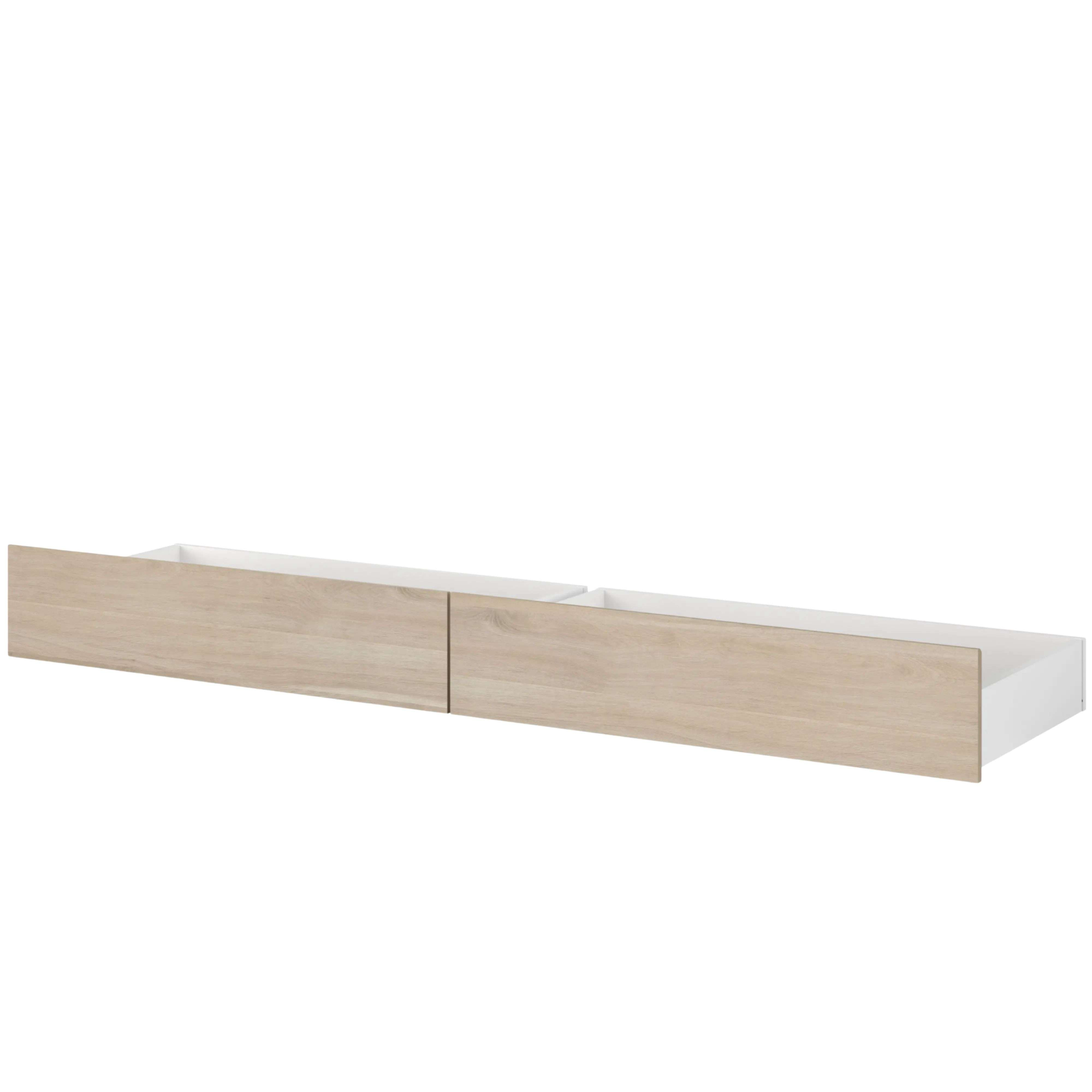 Una unidad larga de madera con dos cajones, forrada en blanco.