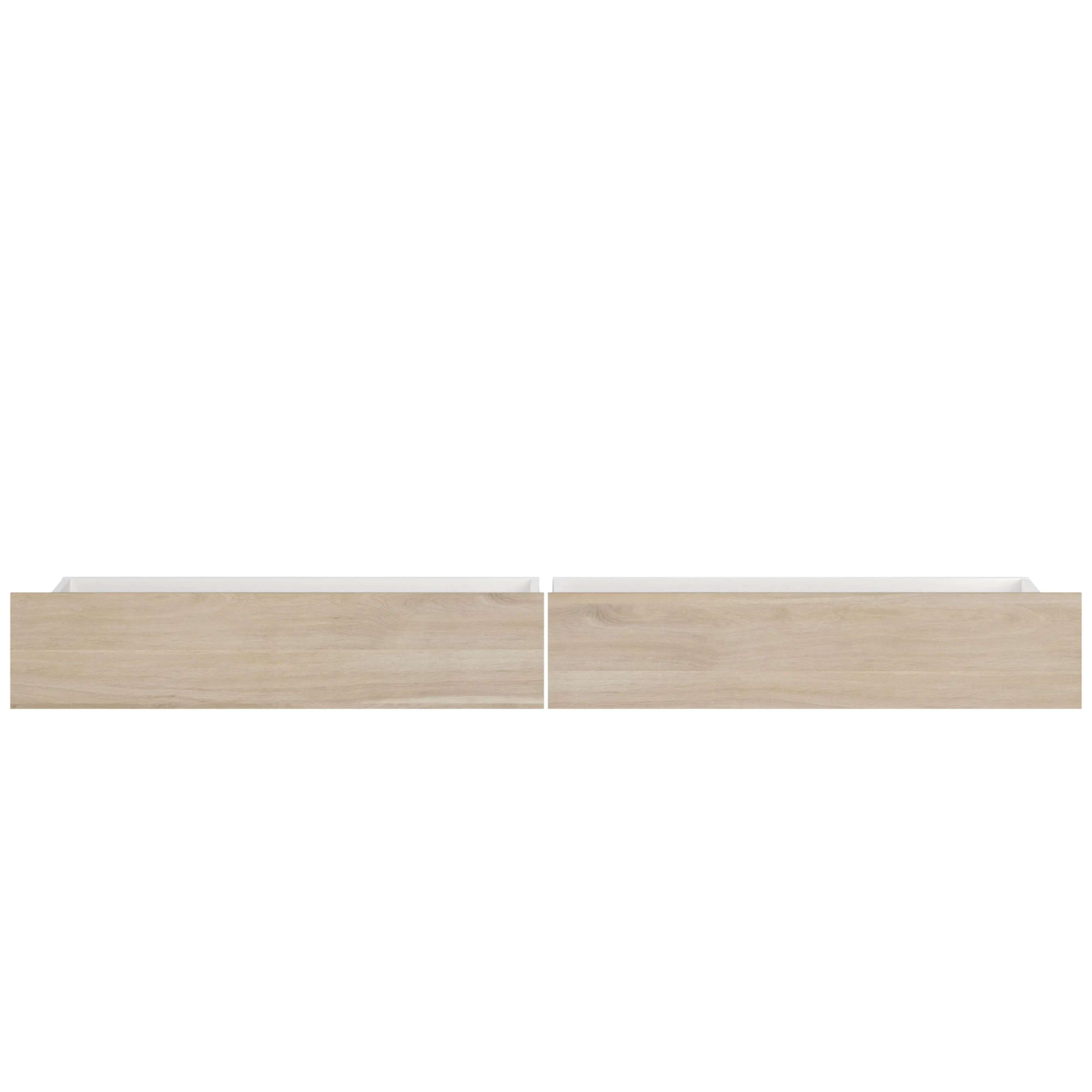 Dos frentes de cajón de madera clara con bordes blancos, uno al lado del otro.