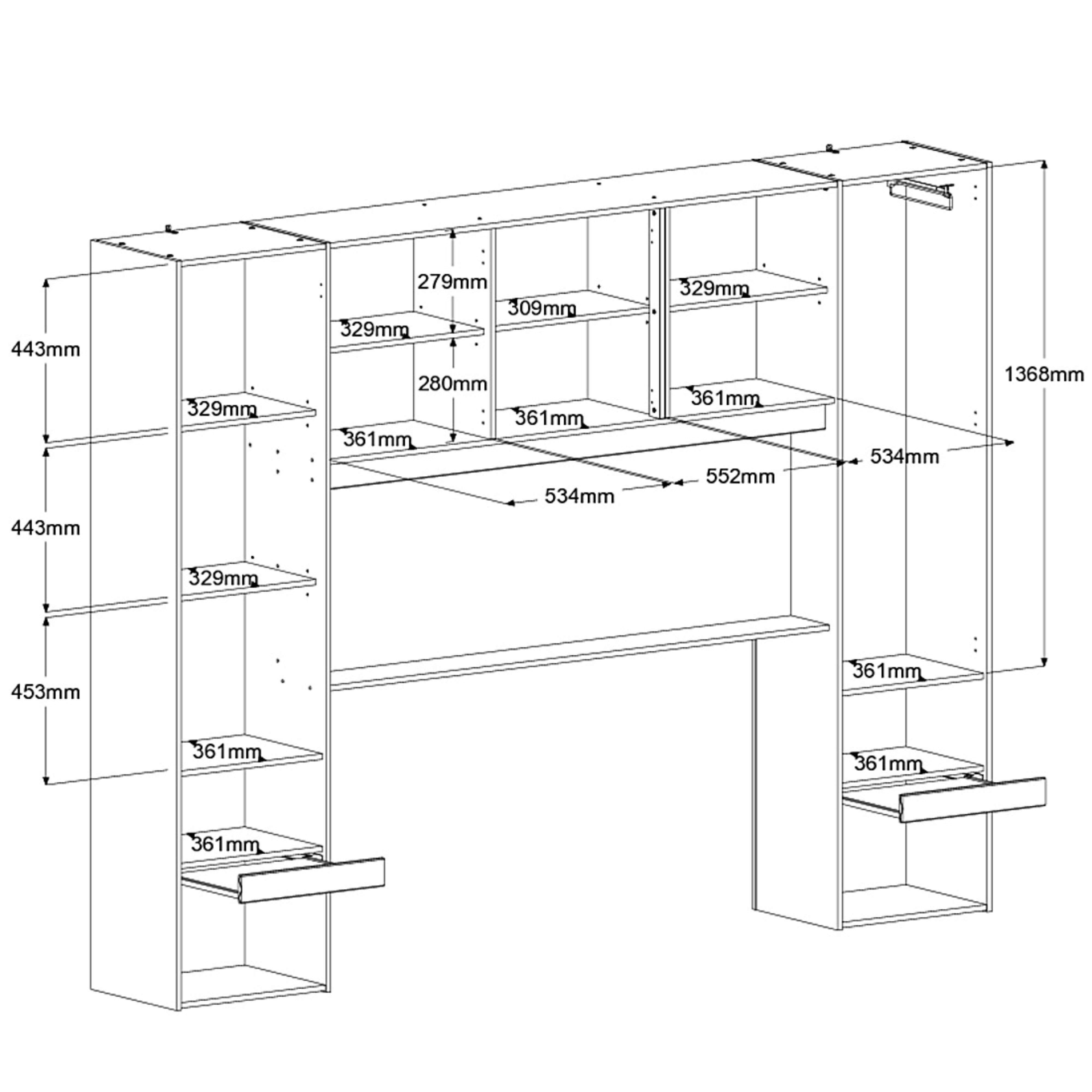 Dibujo técnico de un armario con estantes y cajones, se indican las dimensiones.