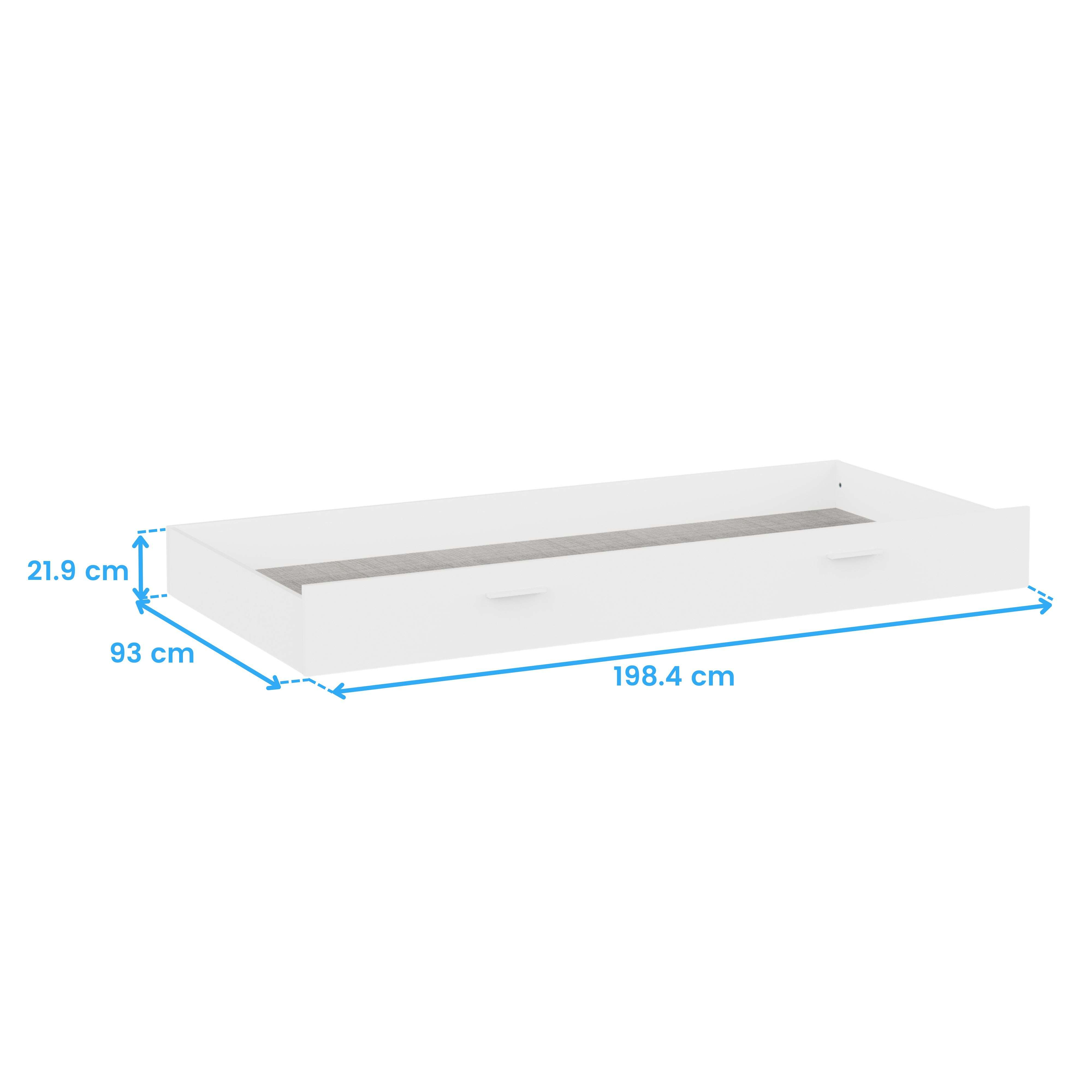 Cajón de cama blanco con tiradores y dimensiones 198,4 x 93 x 21,9 cm.