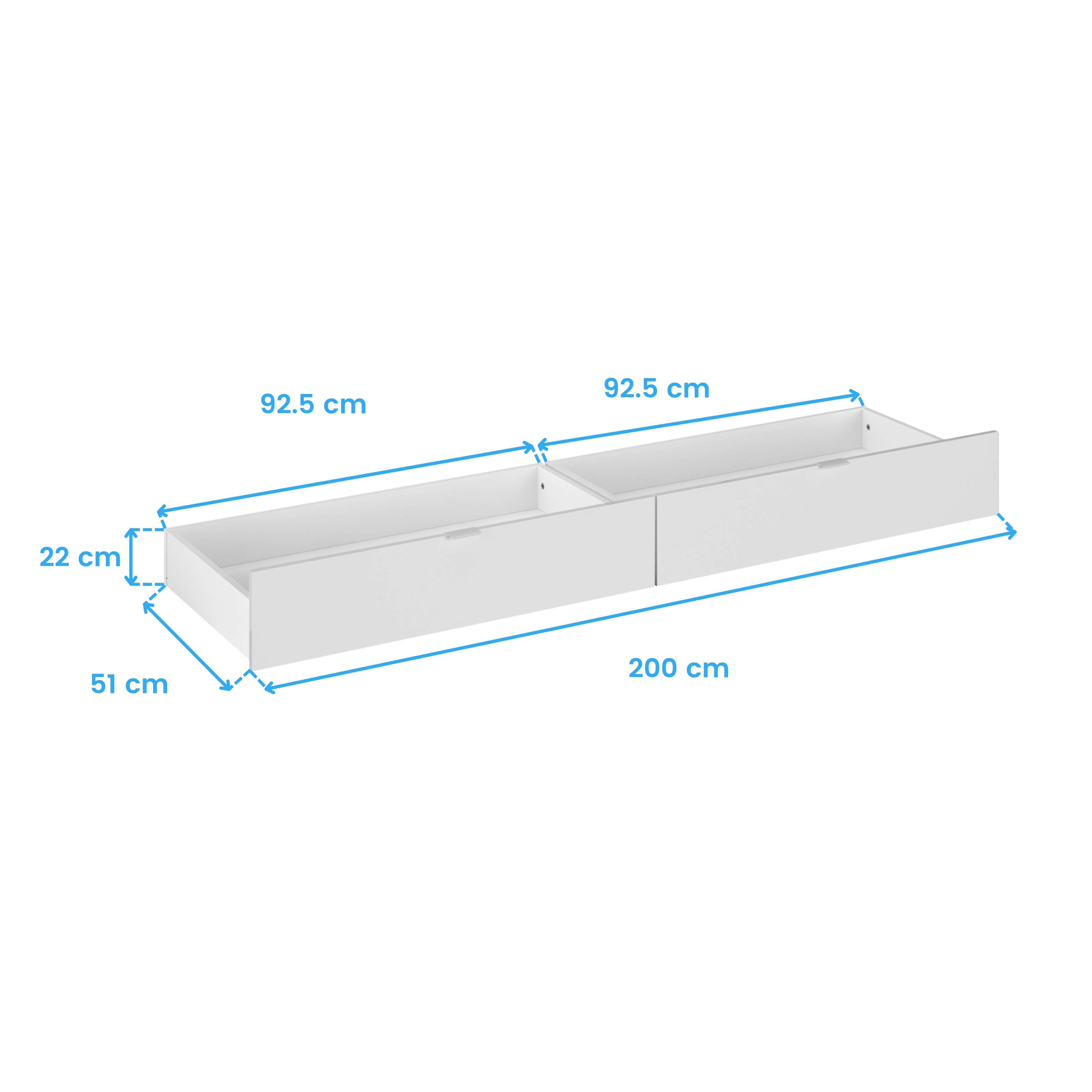 Cajones blancos con dimensiones. Profundidad 51 cm, altura 22 cm, longitud 200 cm.
