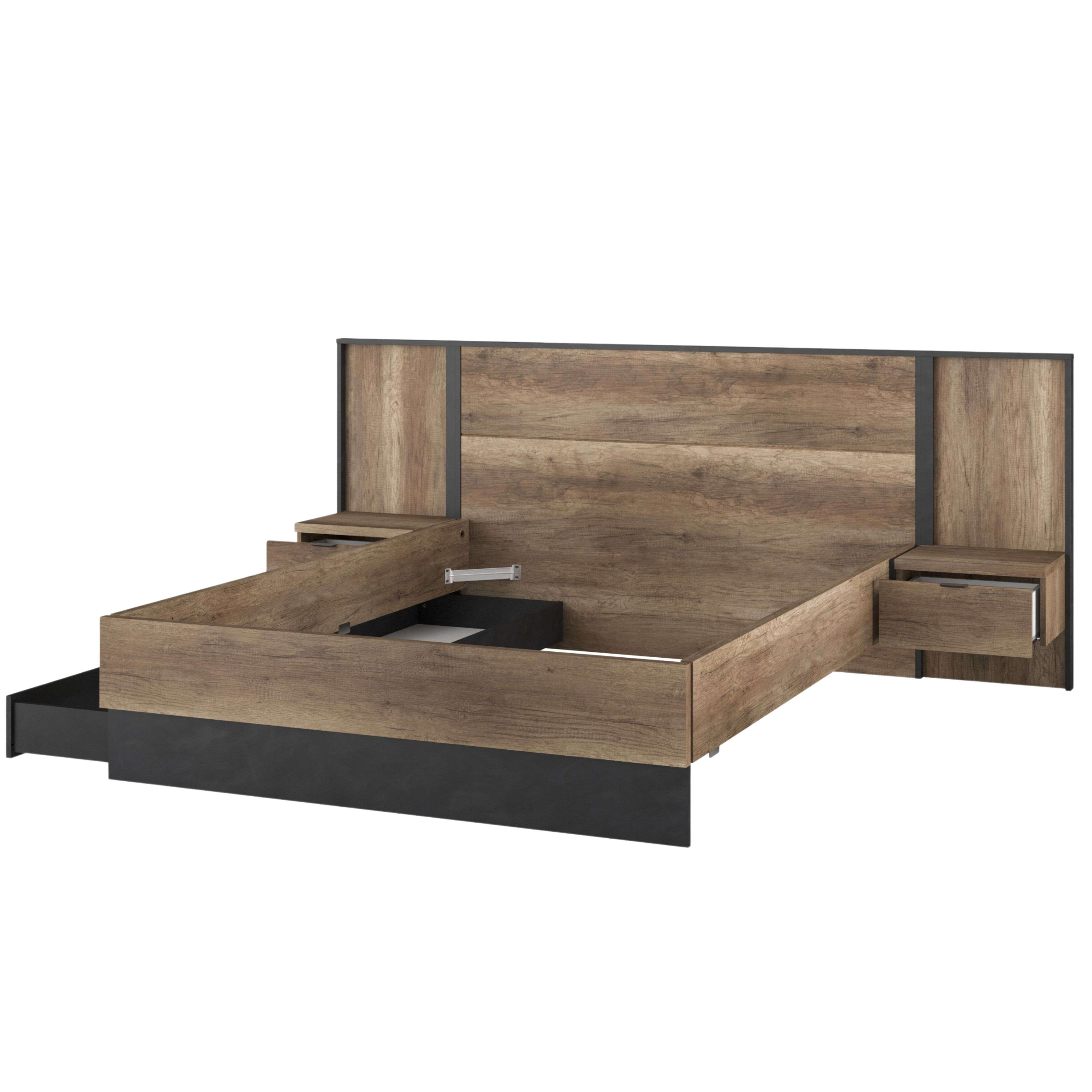 Armazón de cama moderno efecto madera con dos mesitas de noche y cajones.