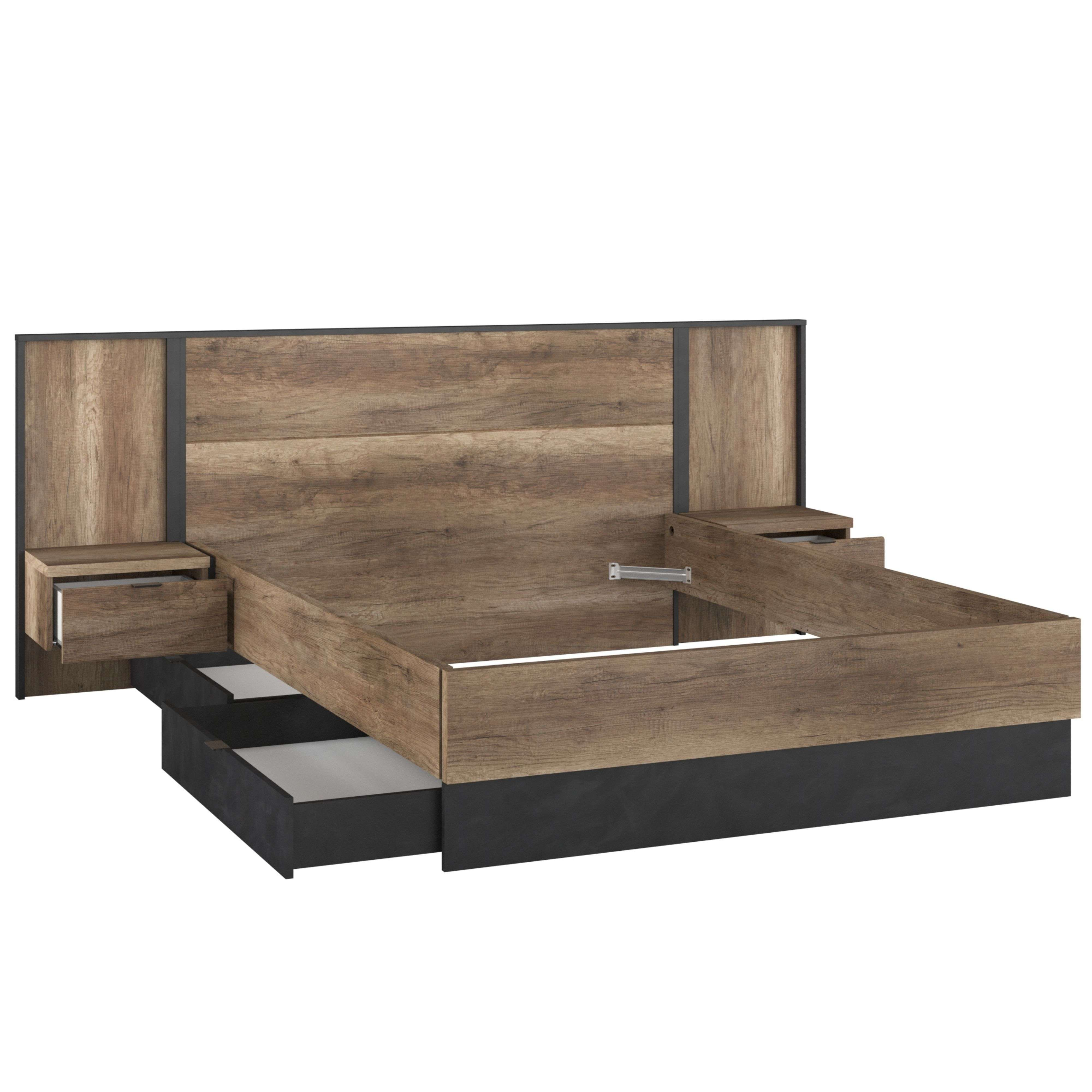 Armazón de cama moderno con veta de madera y mesitas de noche, cajones abiertos visibles.