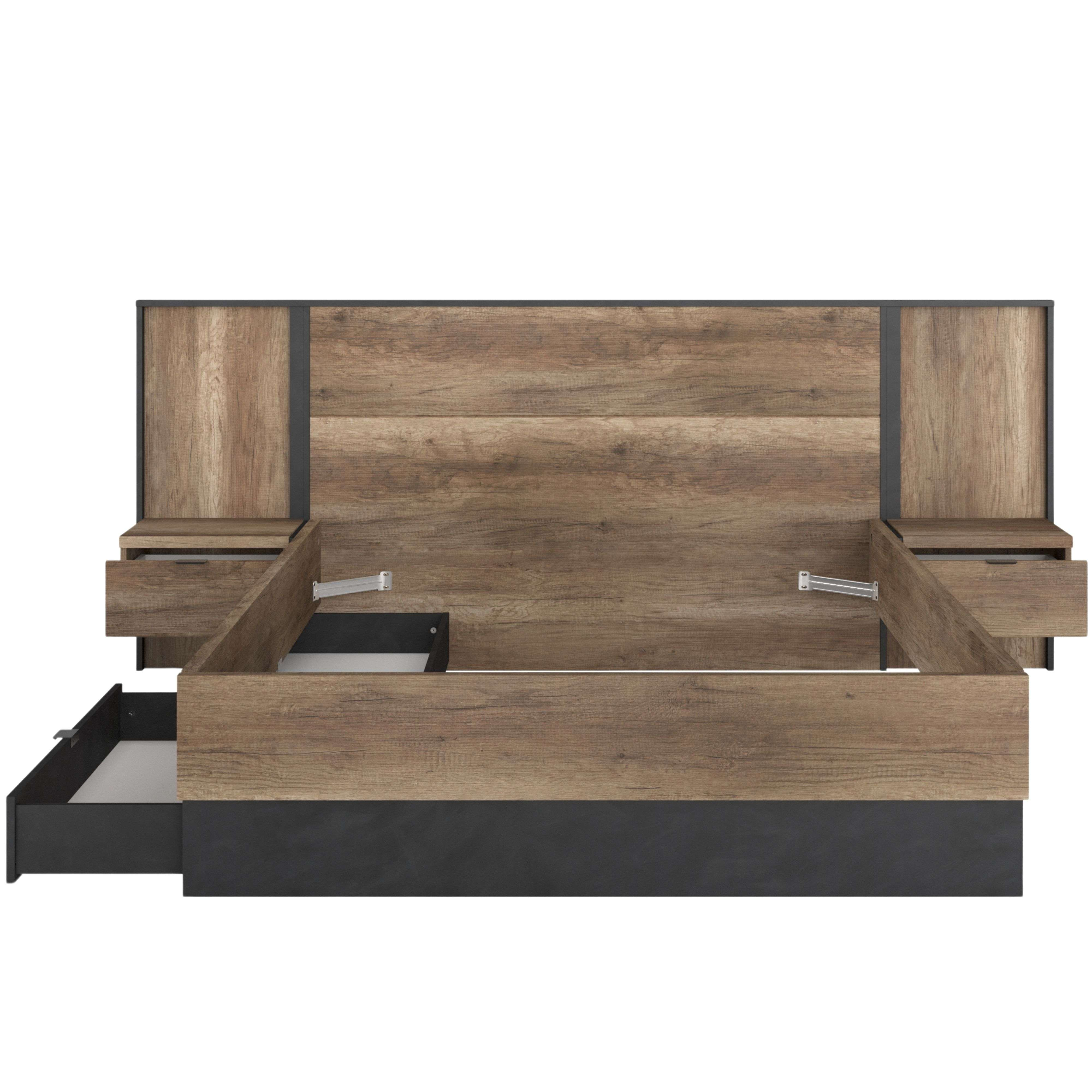 Estructura de cama de madera con mesitas de noche y cajones abiertos.