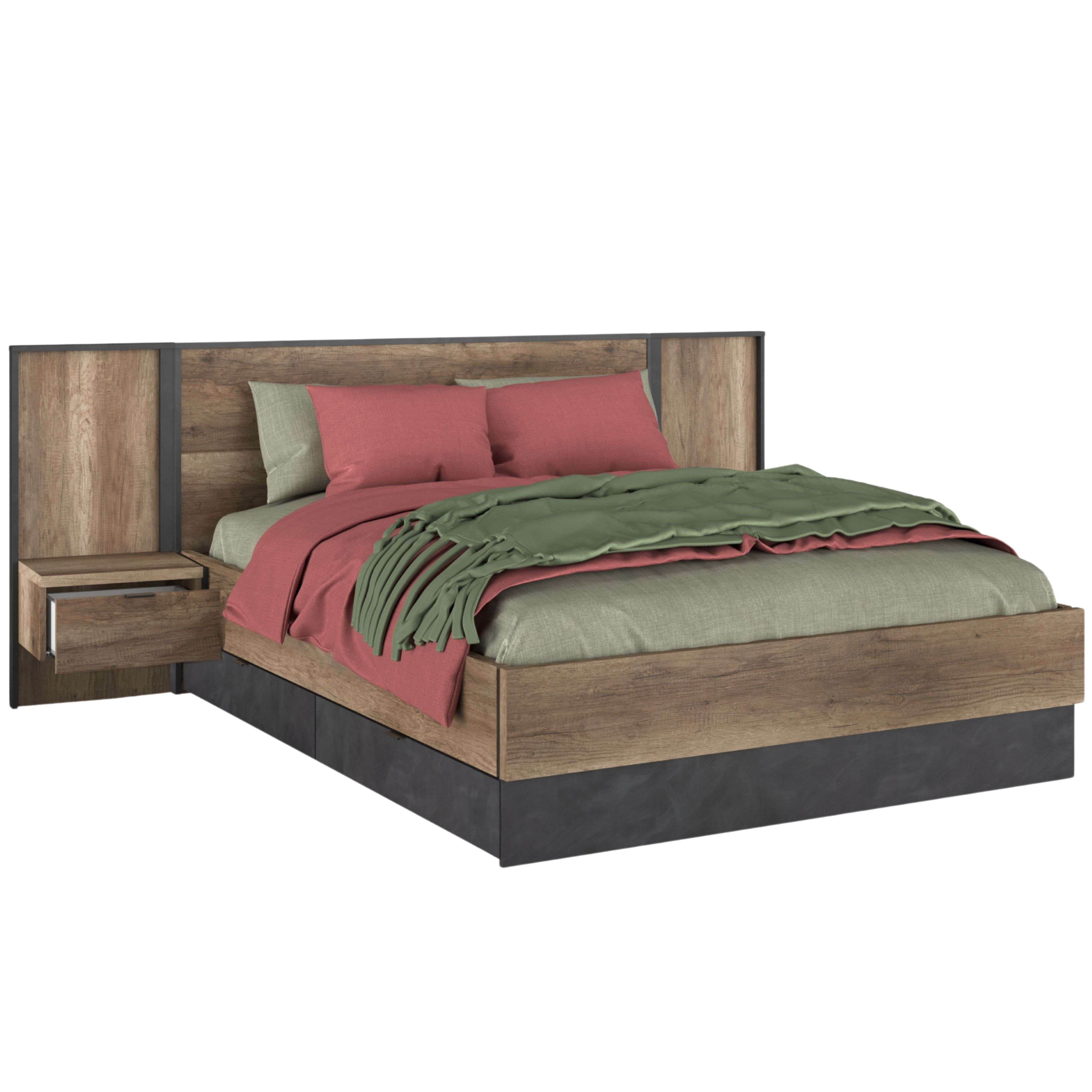Una cama de madera con dos cojines rojos, una manta verde y una mesita de noche.