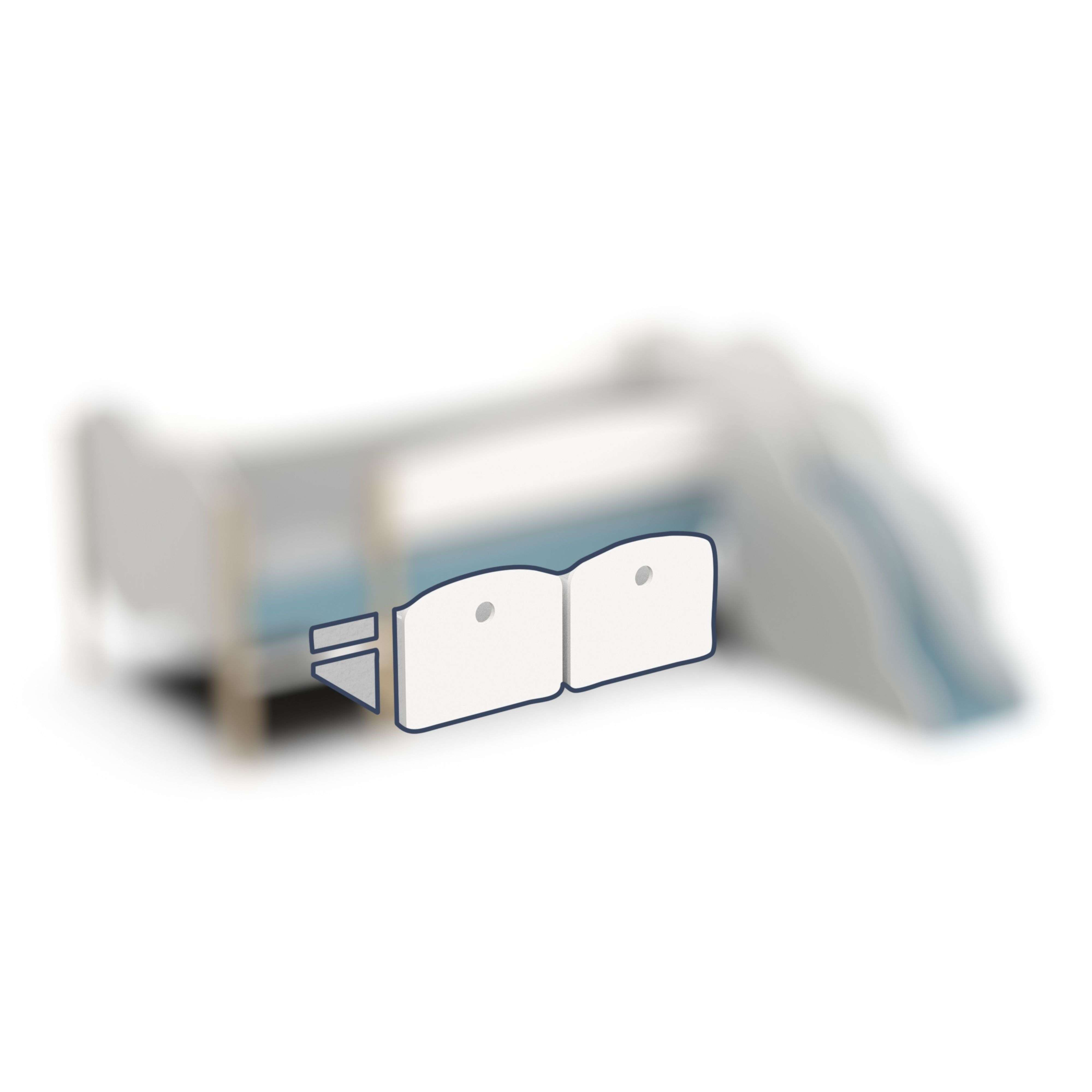 Un objeto blanco y rectangular con bordes azules en una cama infantil.