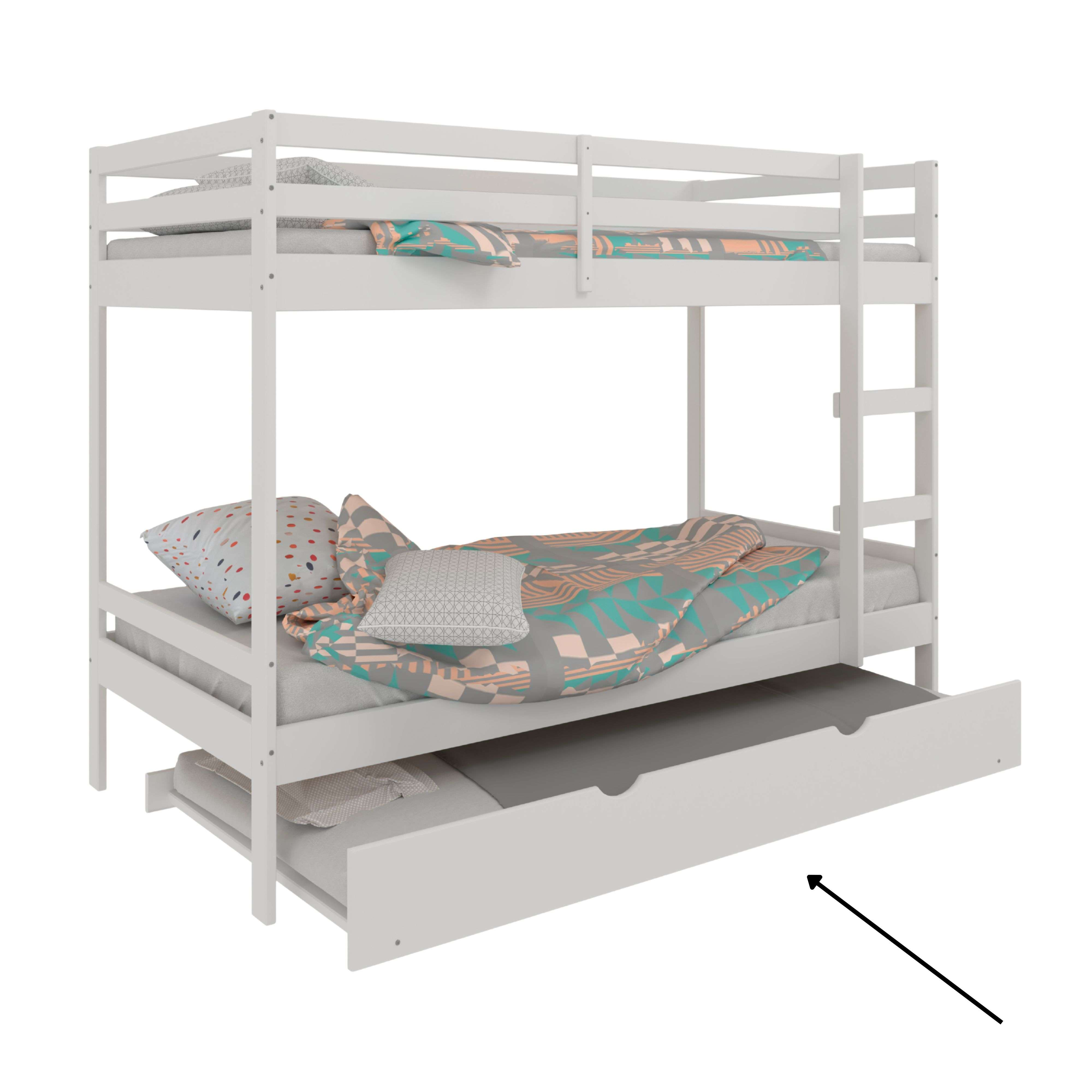 Una litera blanca con dos camas, ropa de cama y un cajón extraíble.