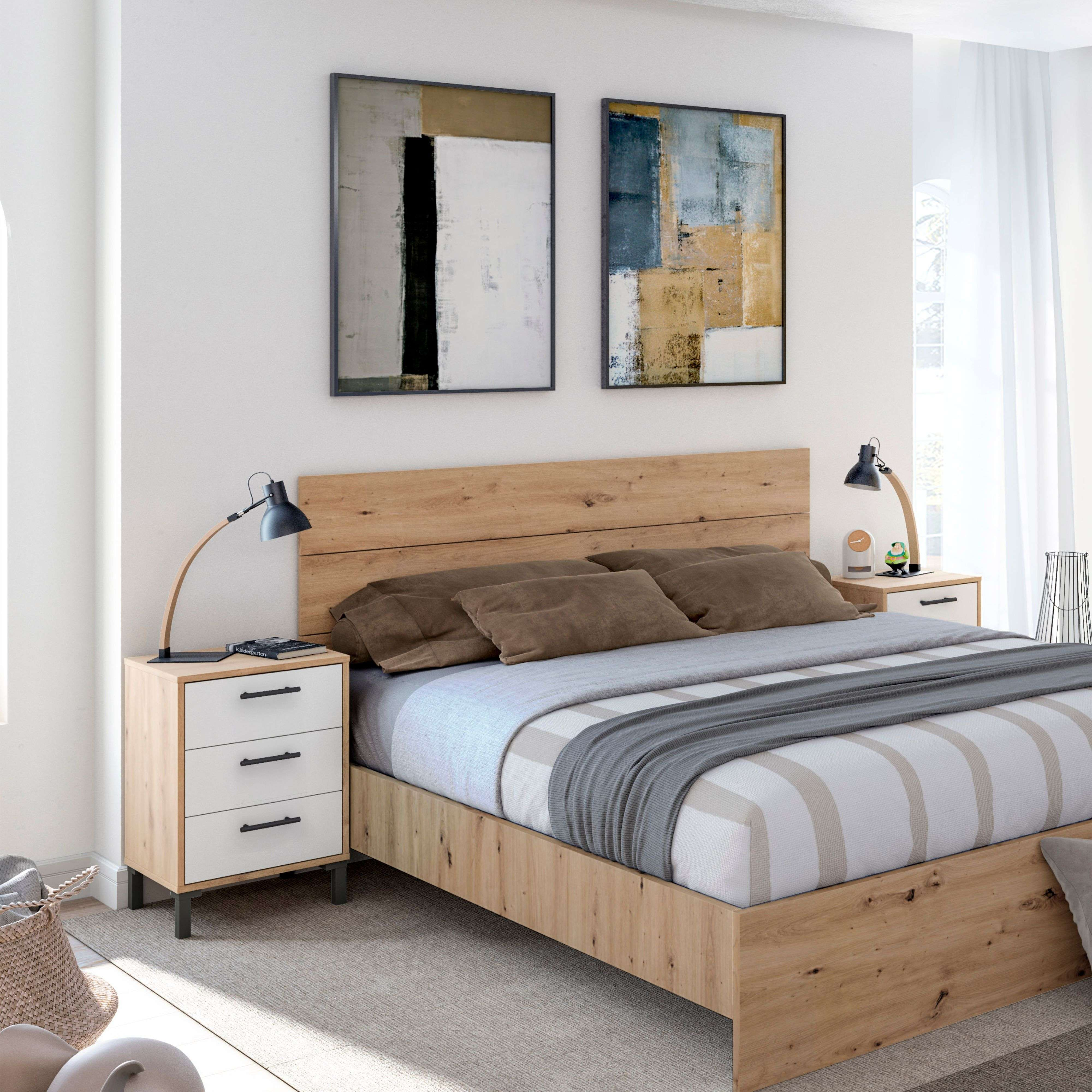 Un dormitorio moderno con cama de madera, almohadas marrones y dos cuadros abstractos.