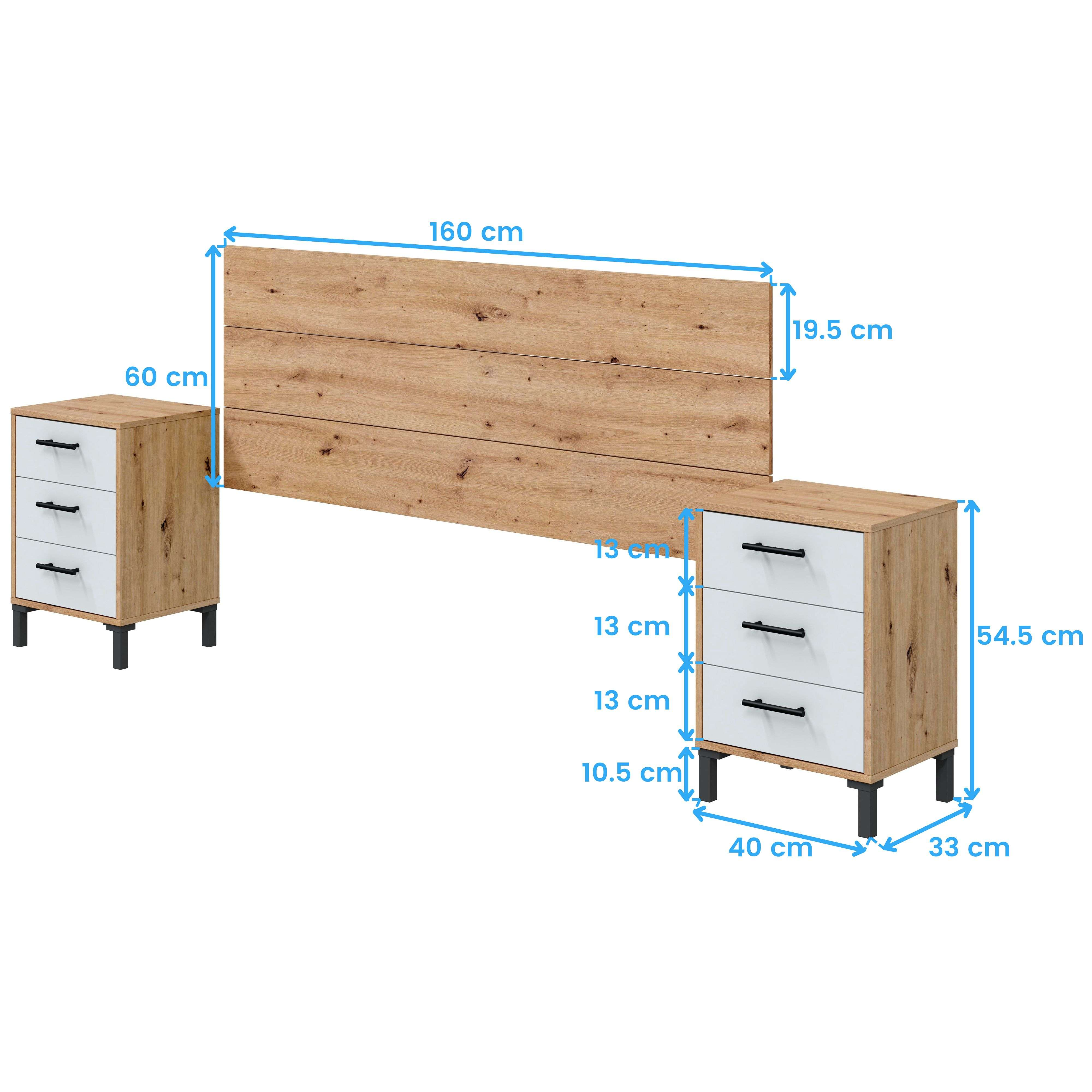 Respaldo de madera con dos mesitas de noche blancas, medidas indicadas.