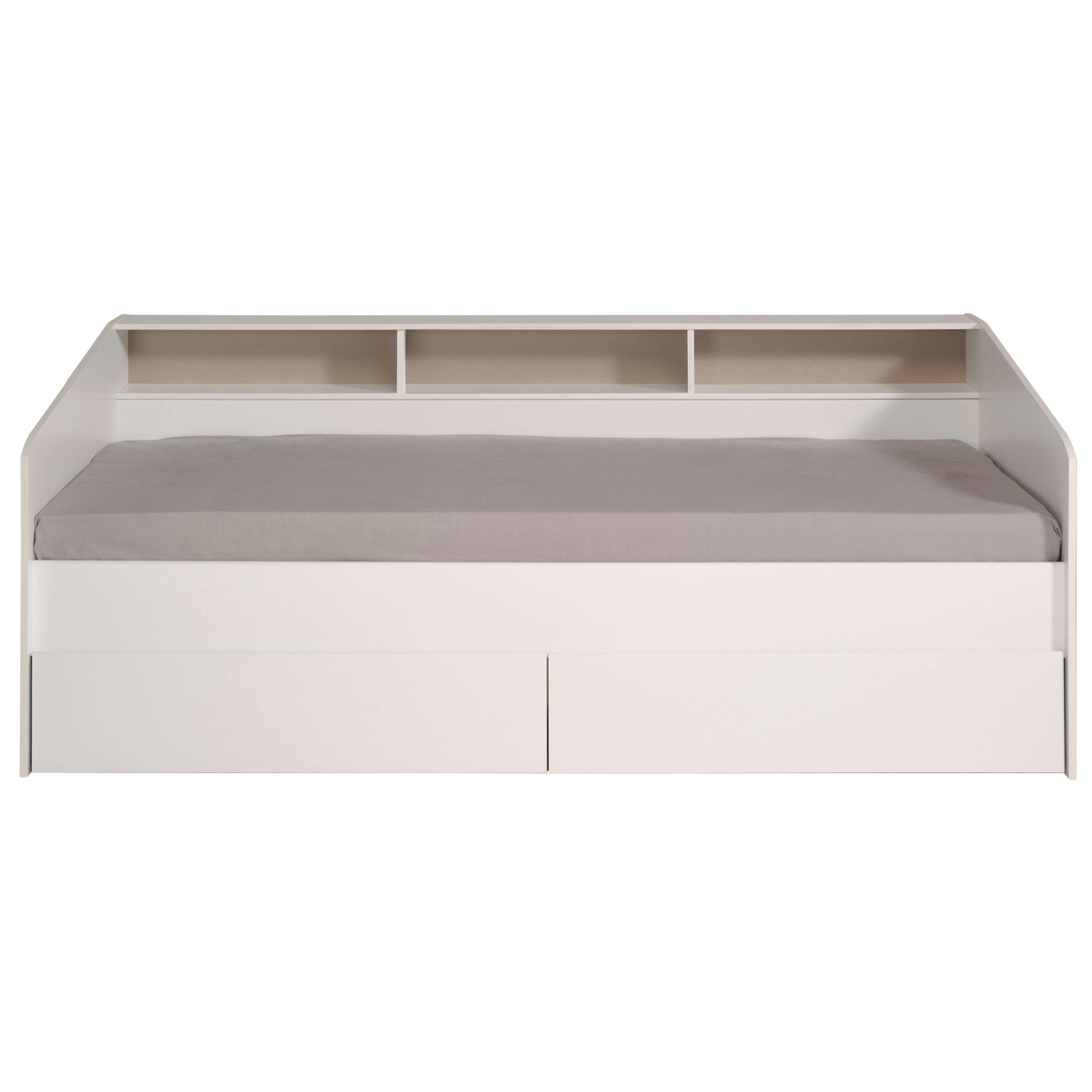 Una cama de día blanca con cajones y estantes en la cabecera.