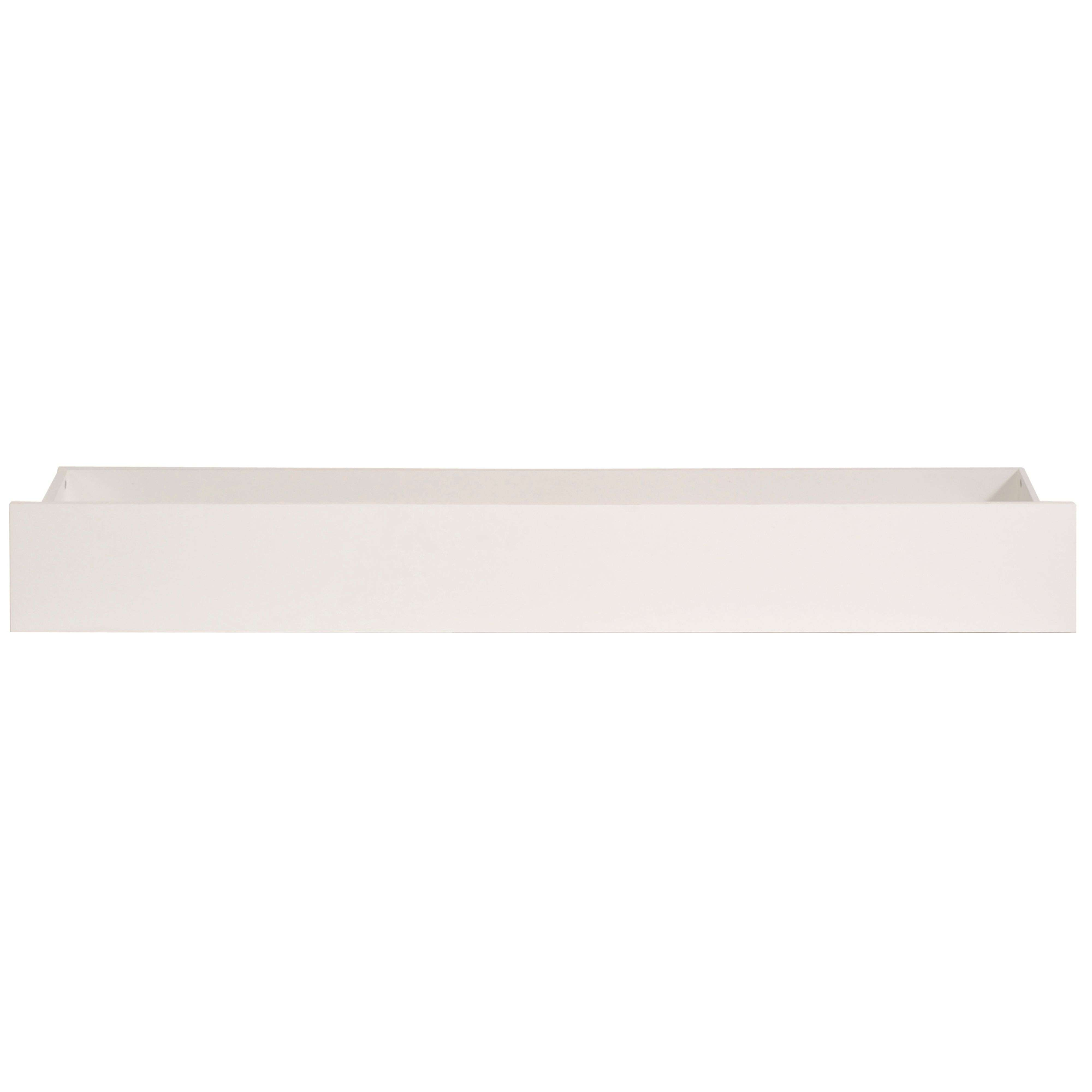 Un elevador de estante blanco con panel frontal.