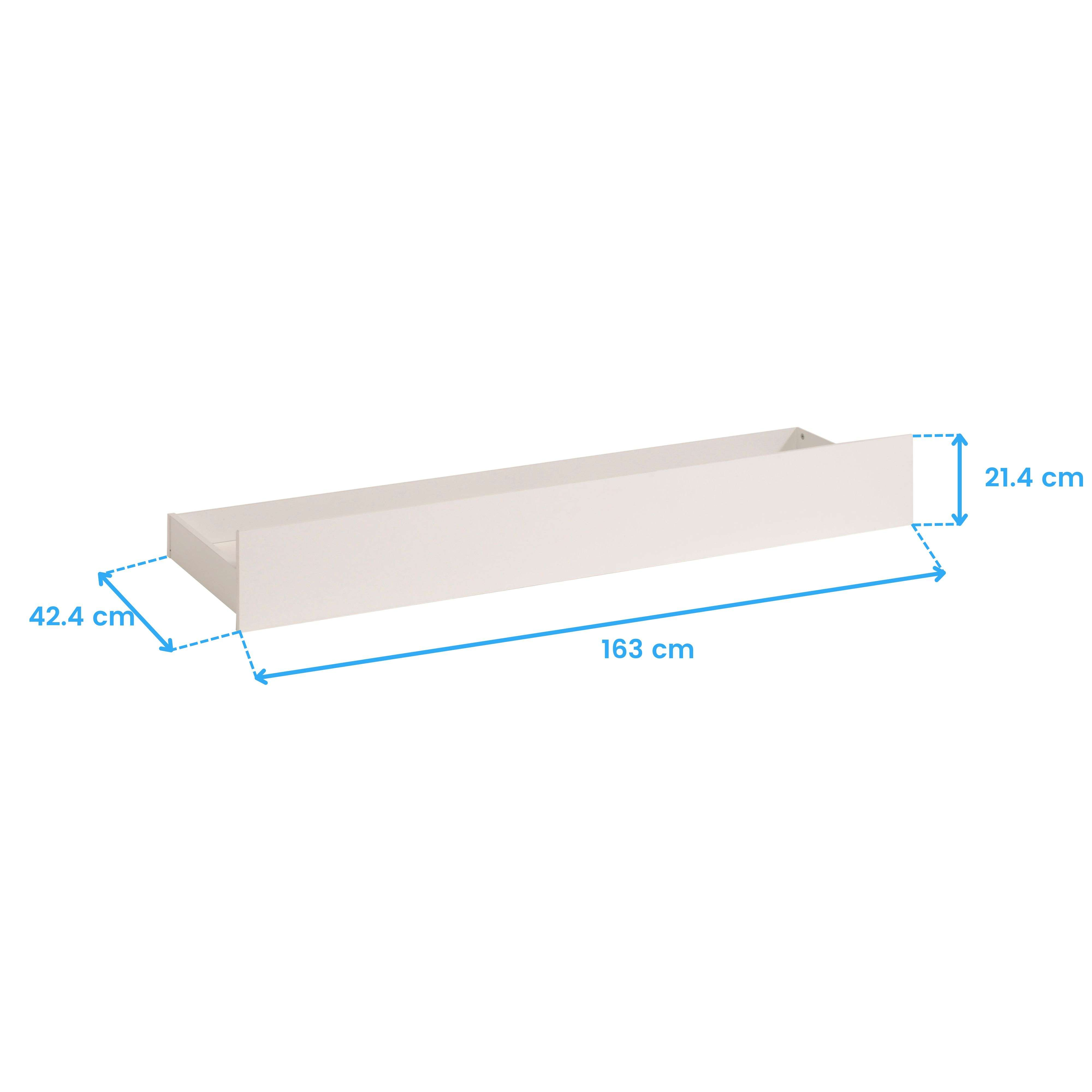 Un cajón de cama blanco con dimensiones de 163 x 42,4 x 21,4 cm.