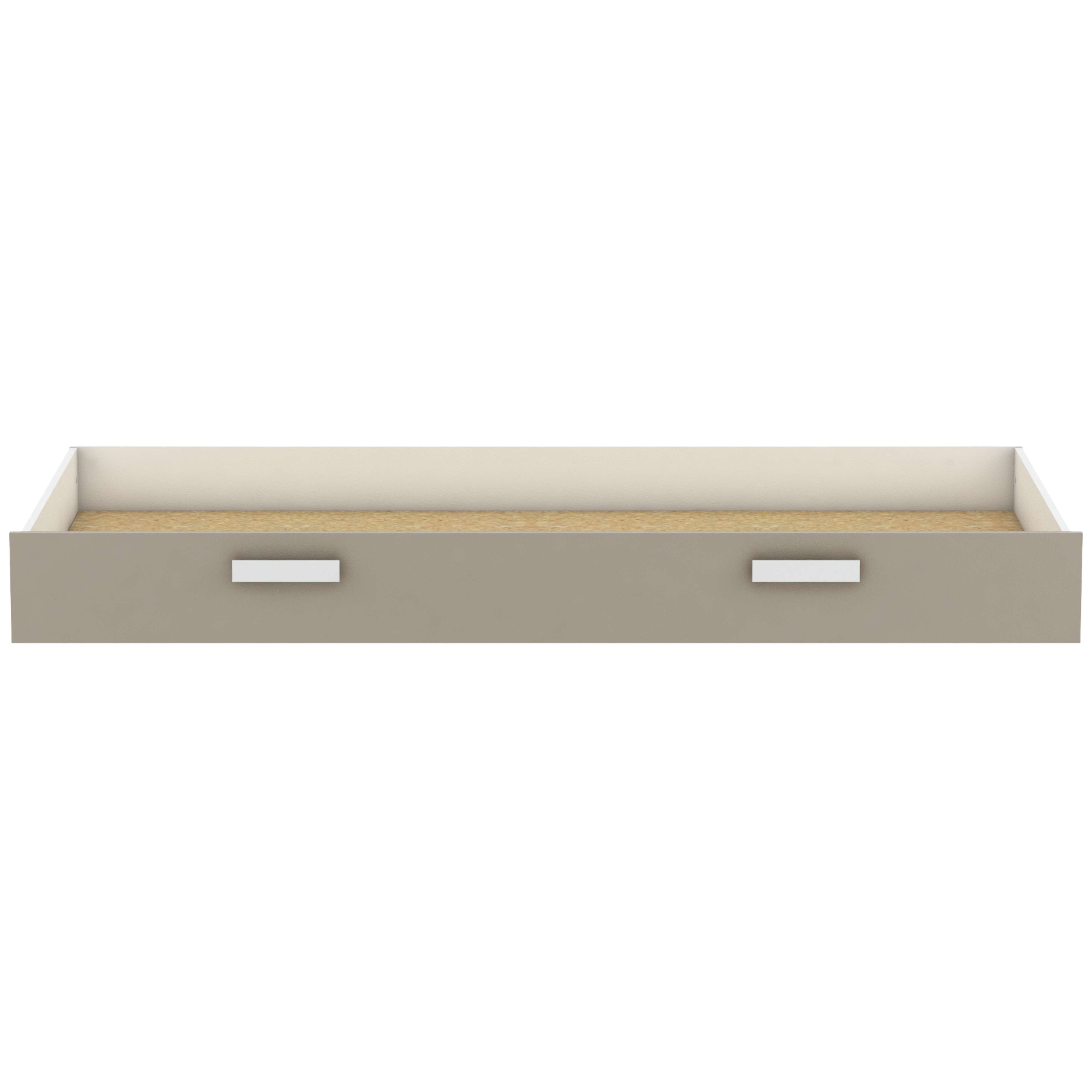 Un cajón abierto y sencillo con dos tiradores blancos y base de madera.