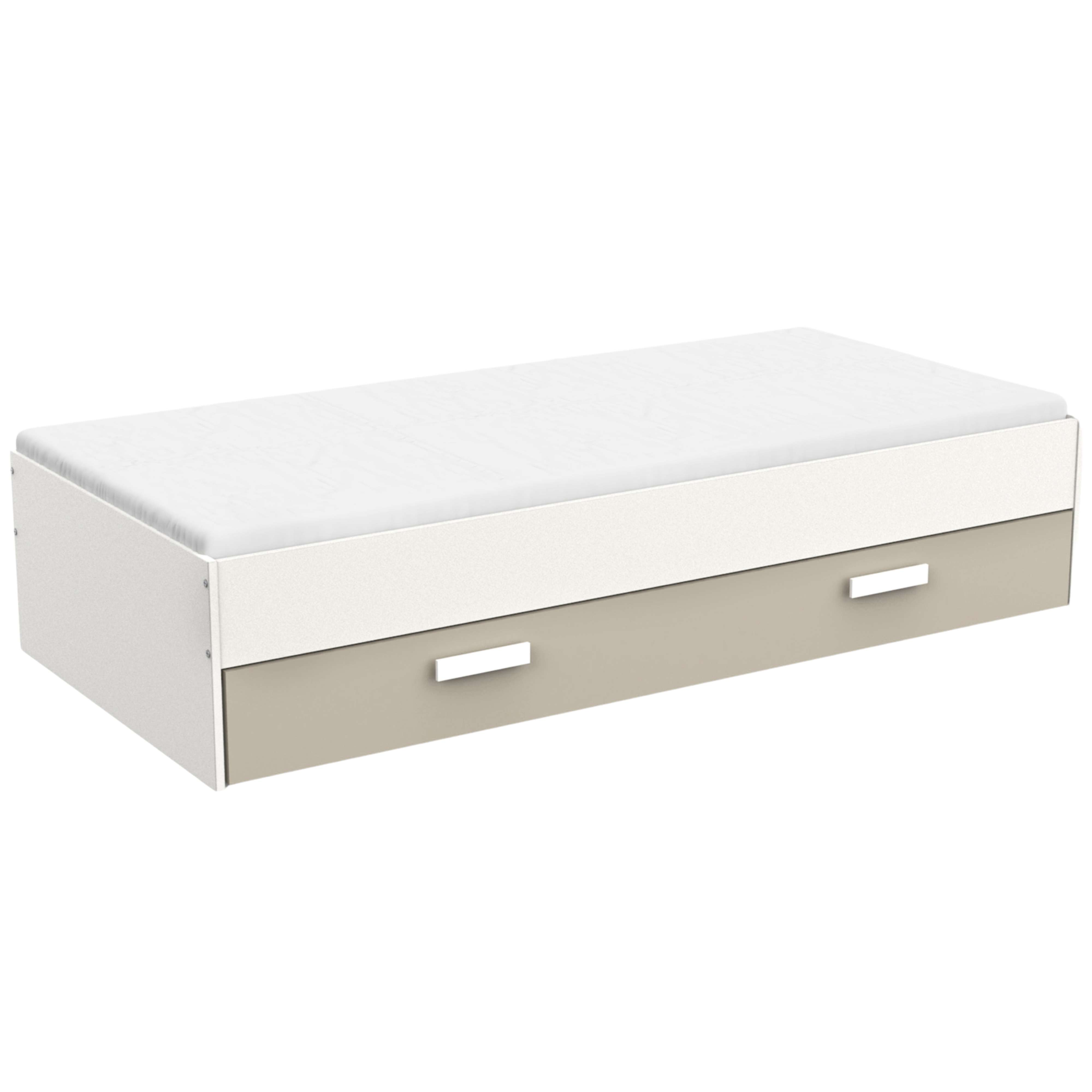 Una cama beige con dos cajones y un colchón blanco.