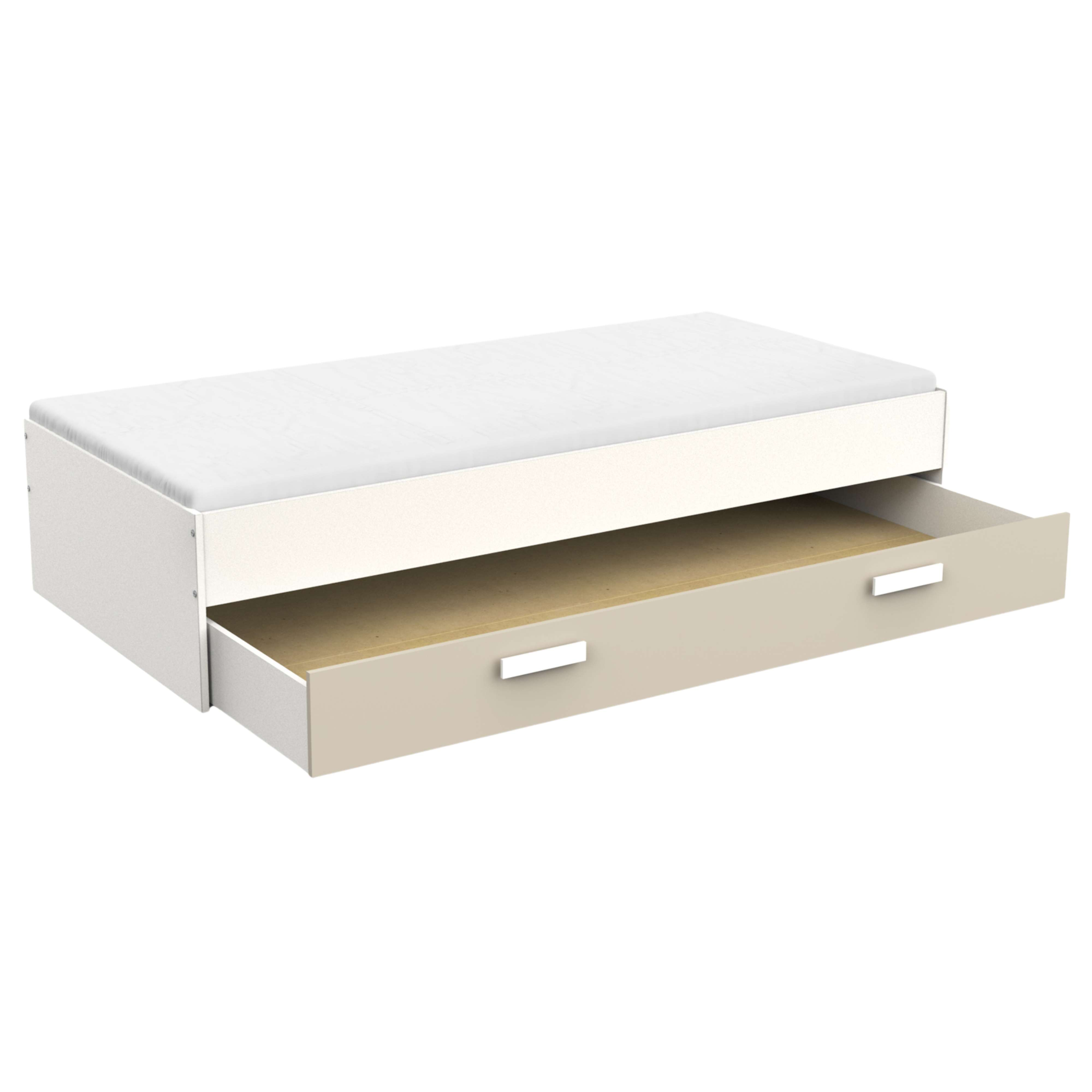 Un cajón extraíble beige está sacado de debajo de un colchón blanco en un marco blanco.