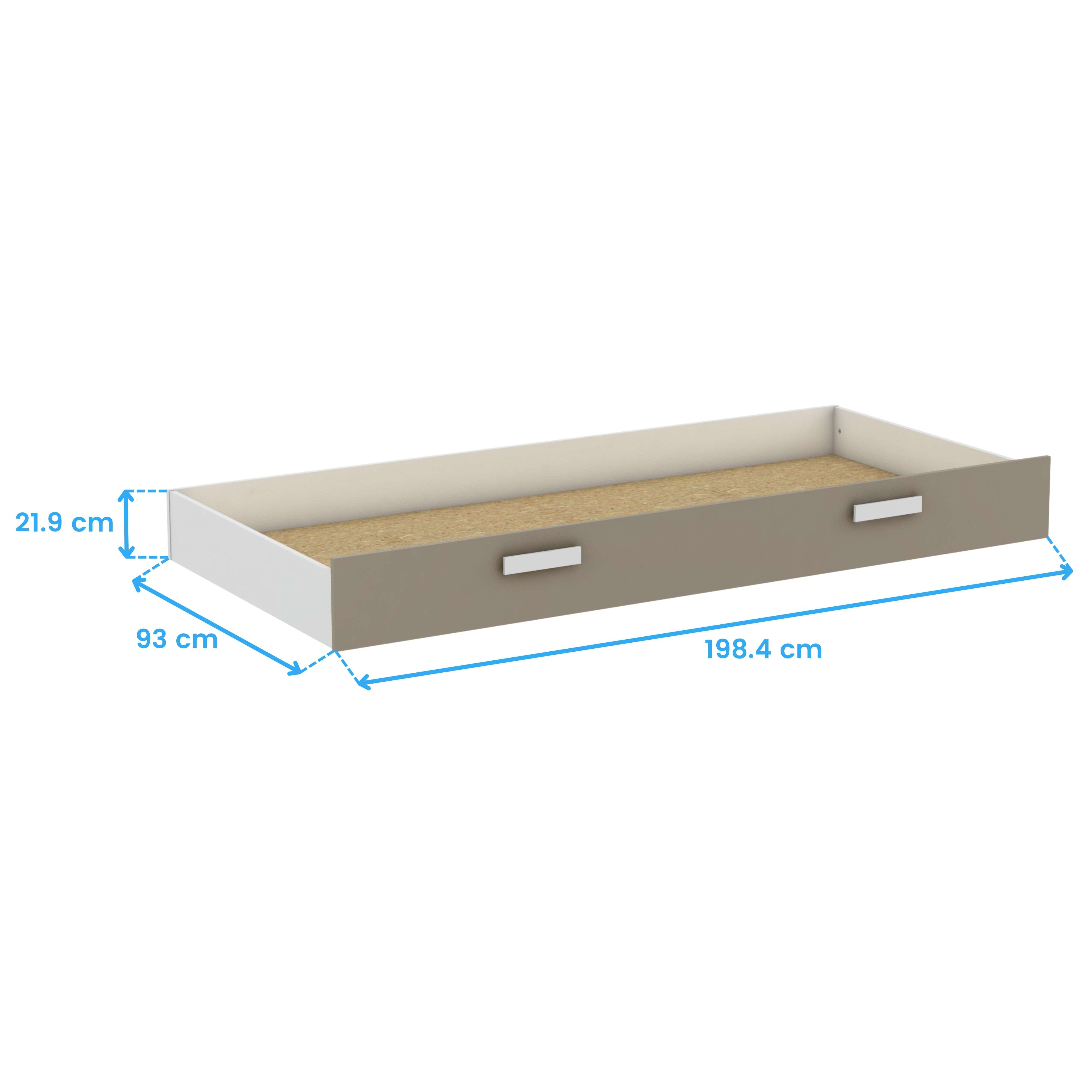 Un cajón de cama gris con dimensiones 198,4x93x21,9 cm.