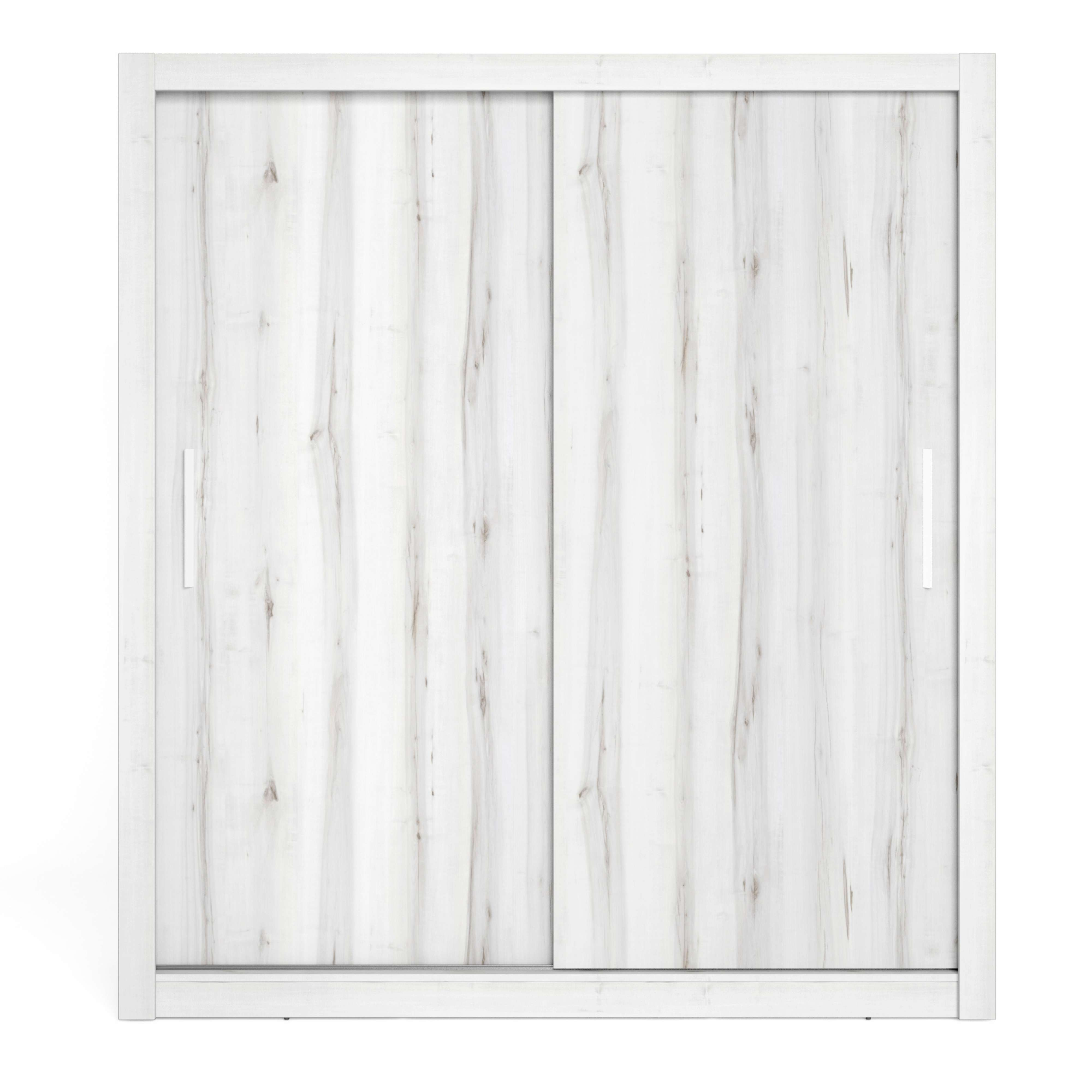 Un armario blanco con dos puertas correderas con veta de madera.