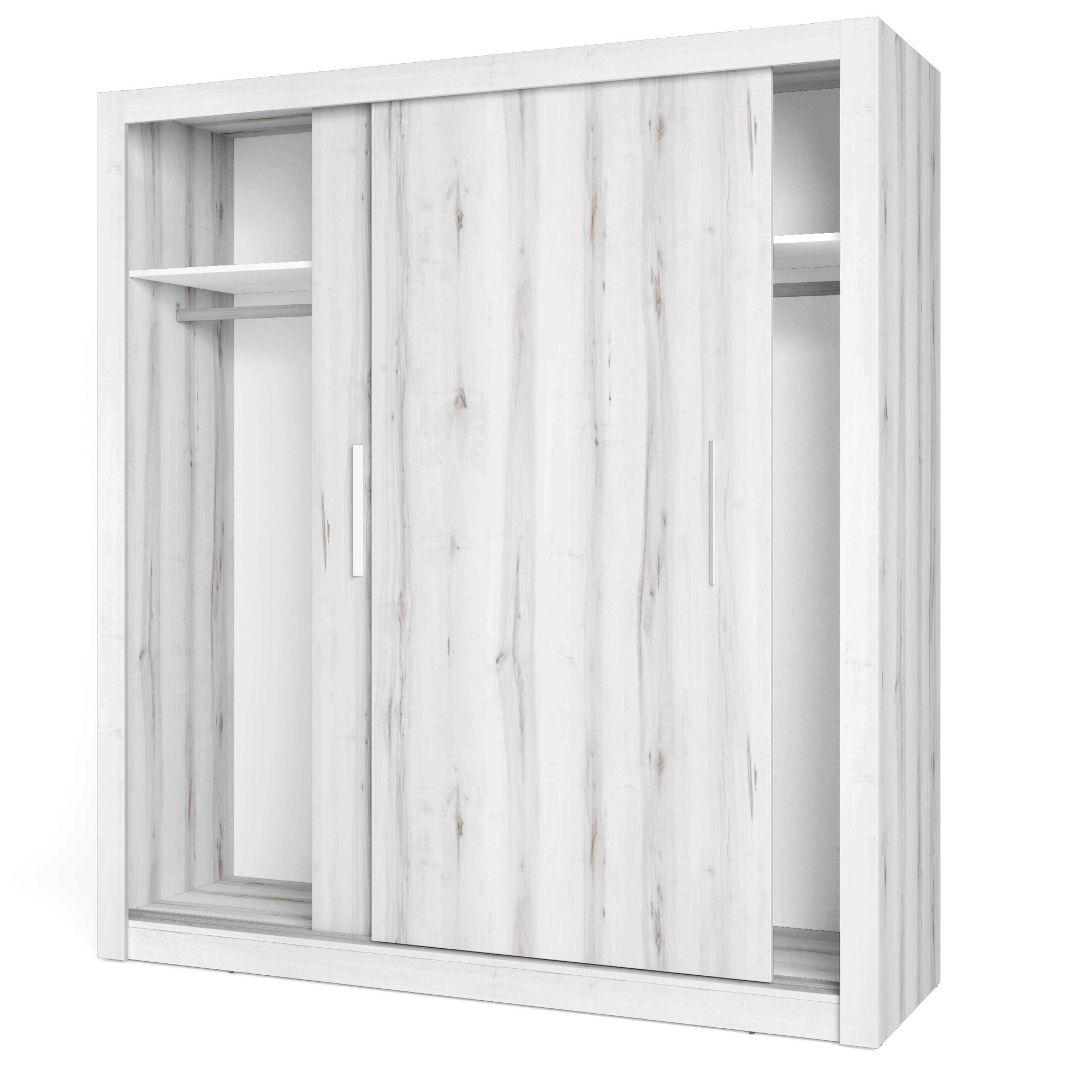 Un armario blanco con dos puertas correderas y barra de colgar.