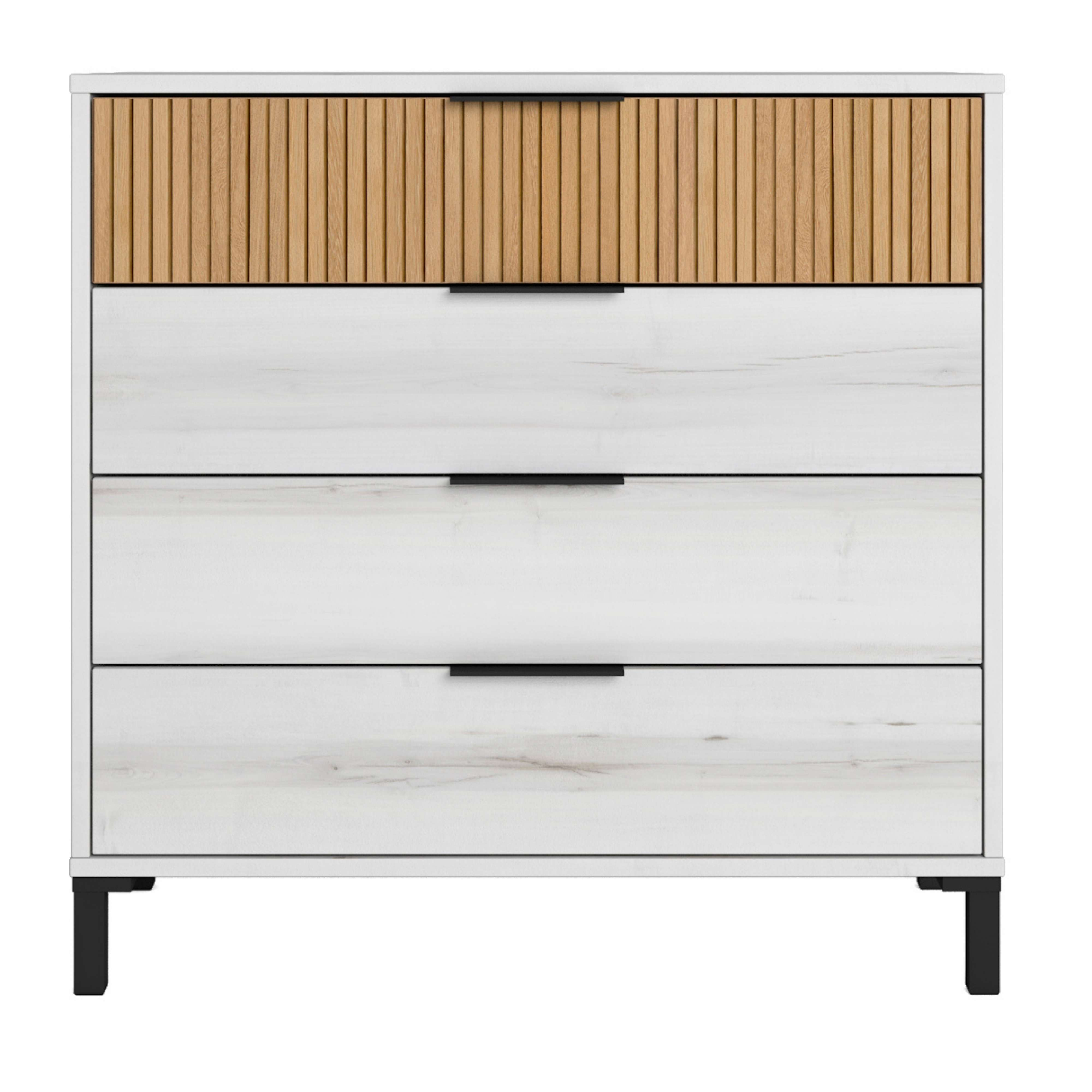 Cómoda blanca con tapa de lamas de madera y tres cajones.