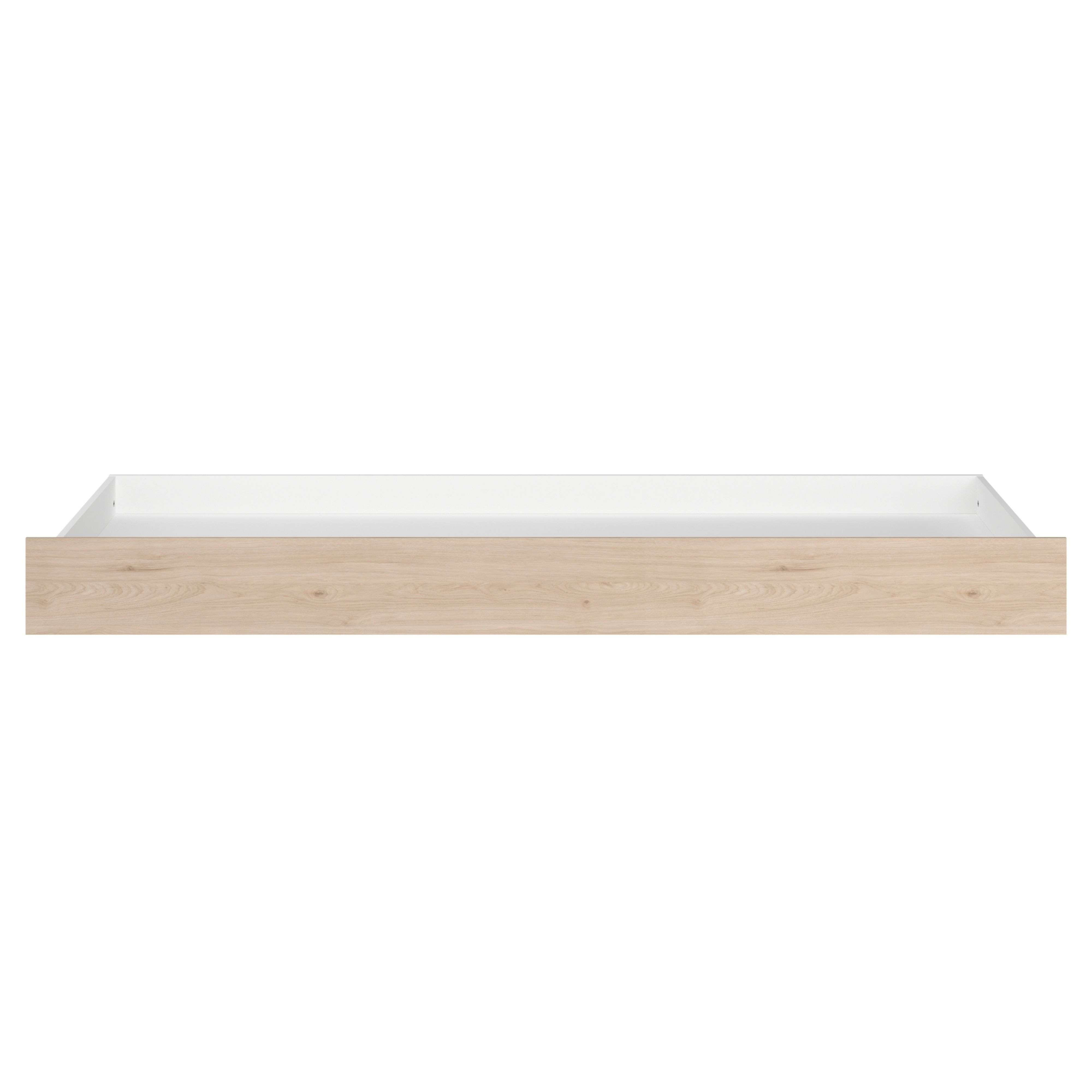 Un frente de cajón individual con veta de madera y interior blanco.