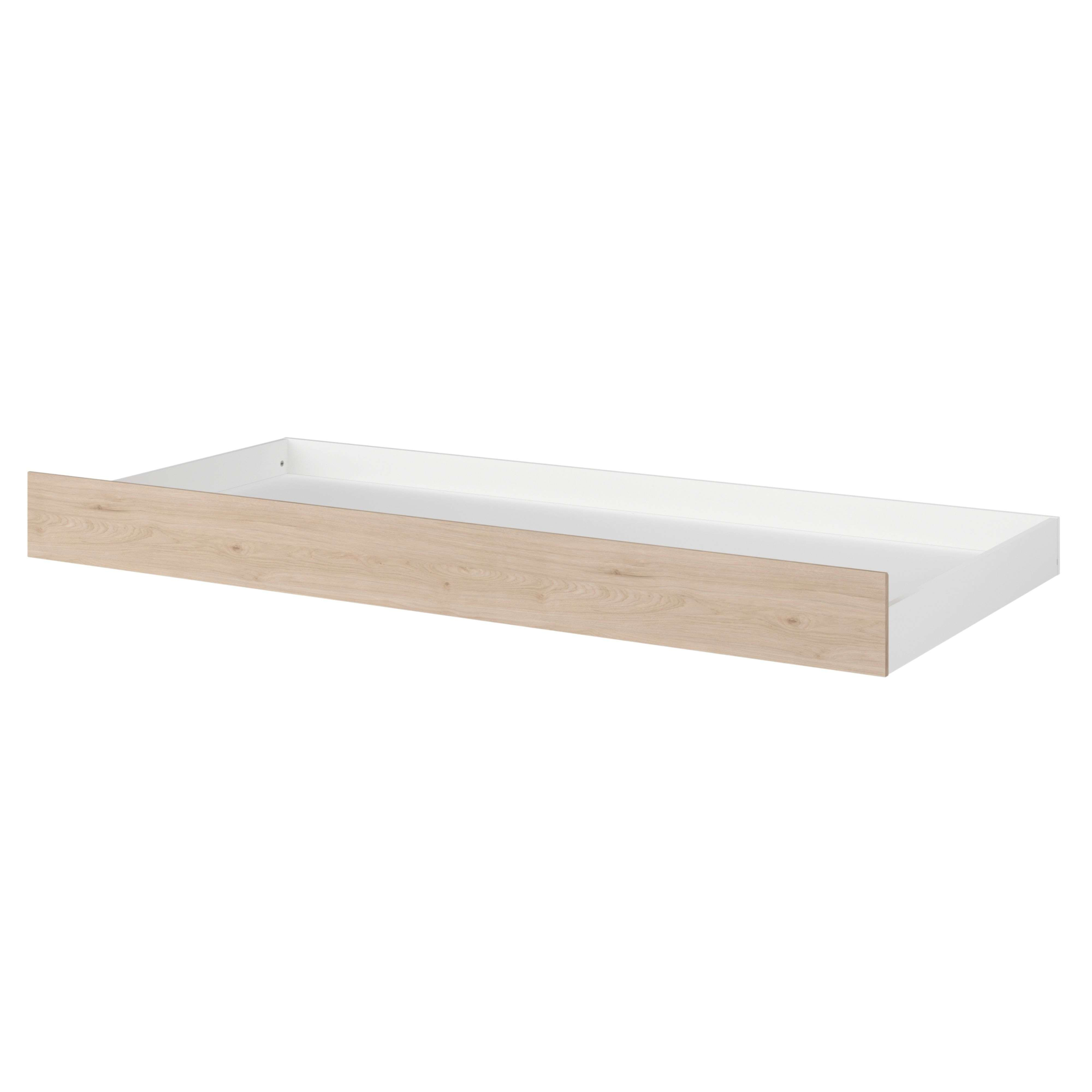 Un cajón blanco para debajo de la cama con frontal efecto madera, sobre fondo blanco.