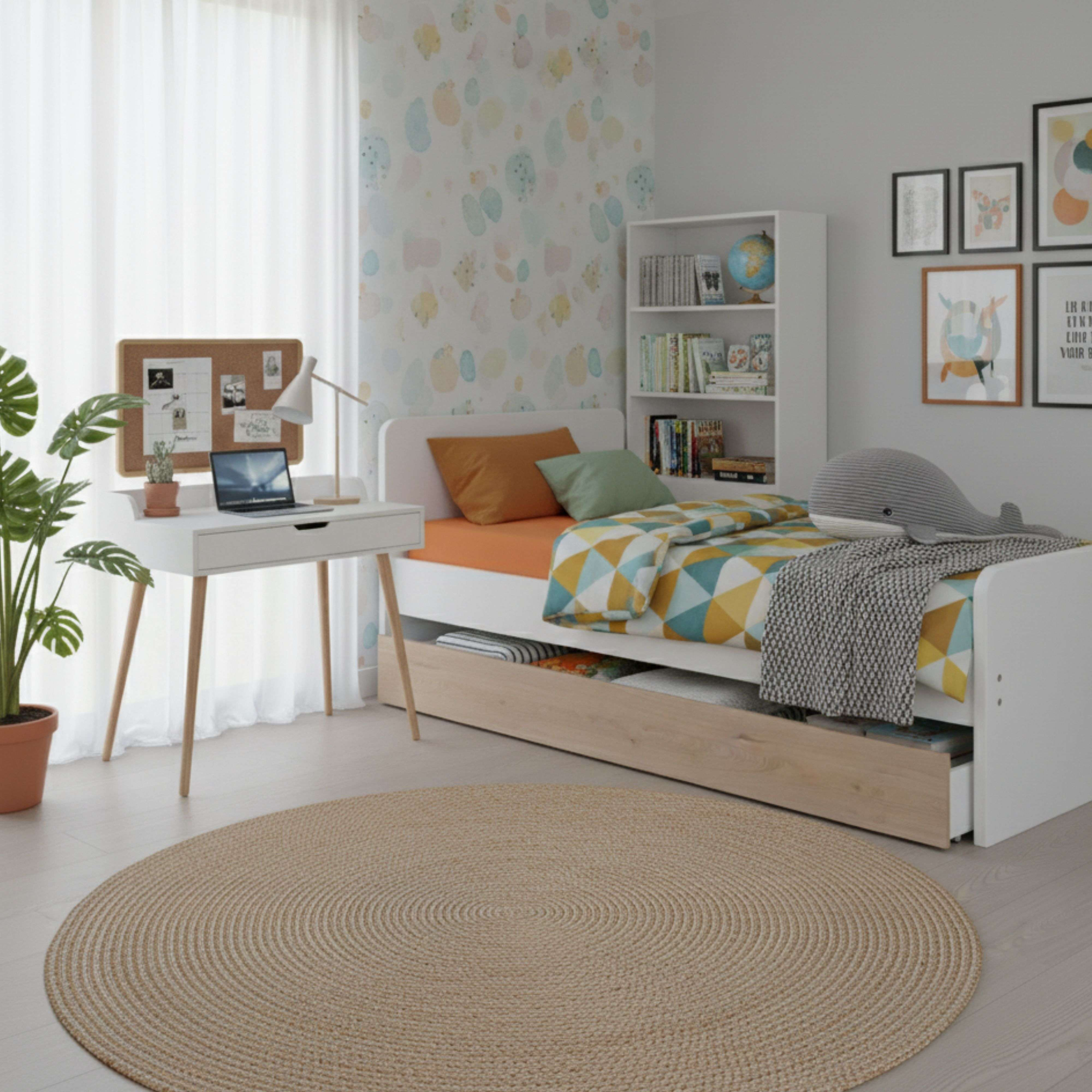 Un dormitorio con cama, escritorio, estantería y alfombra redonda.