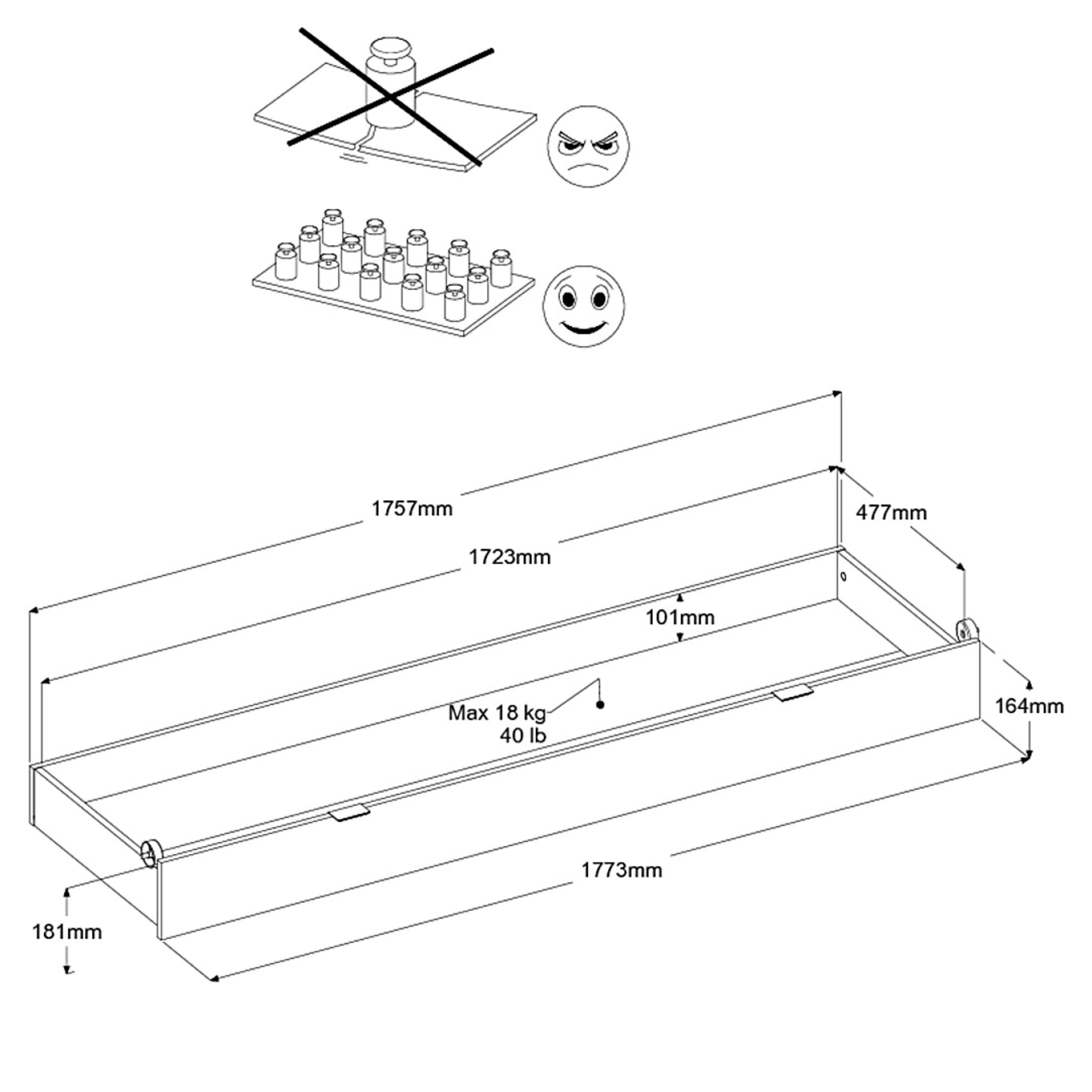 Dibujo técnico de un cajón con dimensiones y límite de peso.