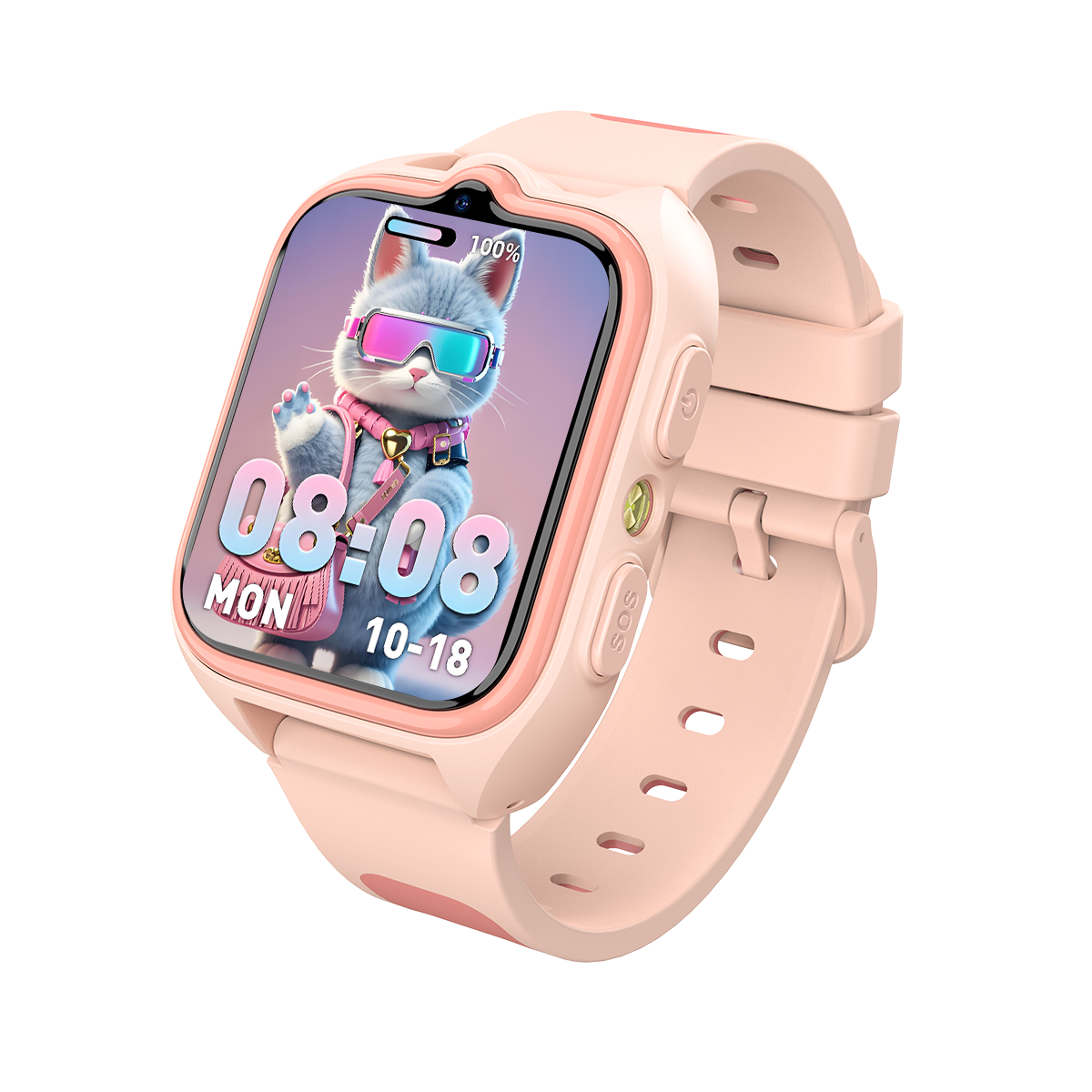 Un smartwatch rosa con gráfico de gato, hora 08:08.