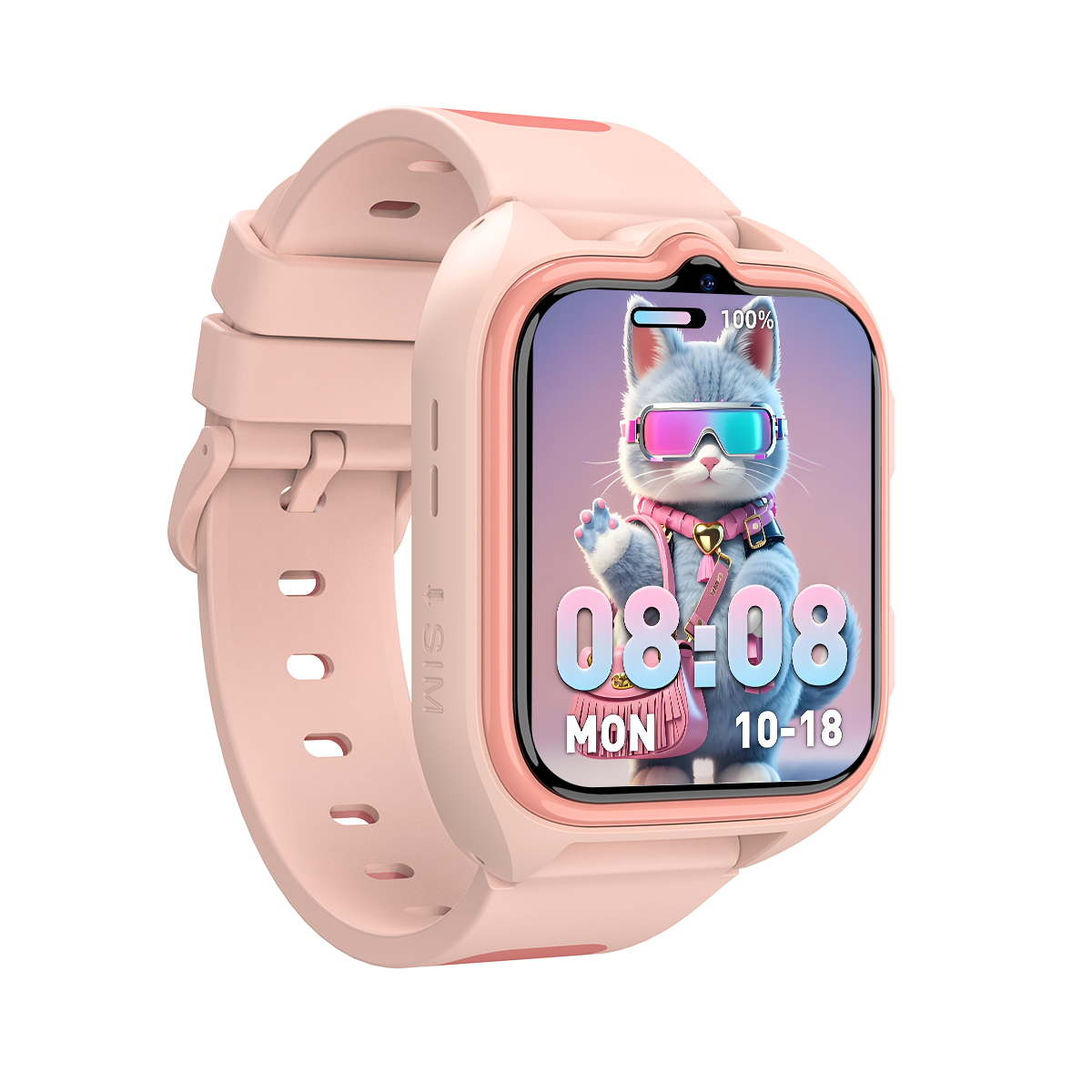 Un reloj inteligente rosa muestra un gato en su pantalla, marcando las 08:08.