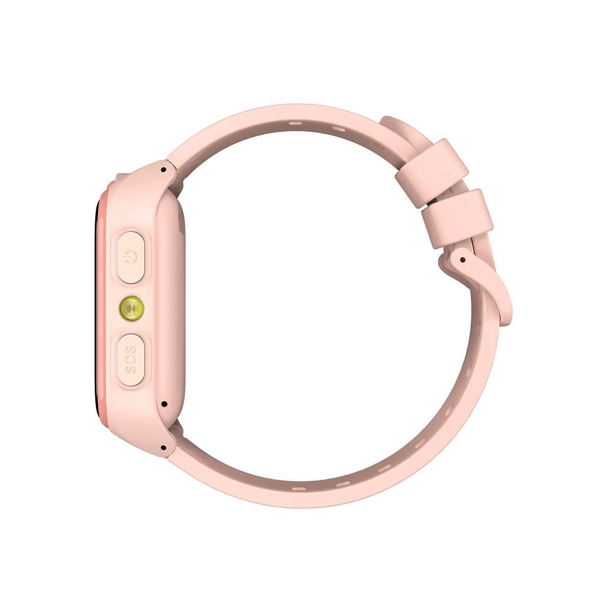 Un smartwatch rosa con botón SOS y botón de encendido.