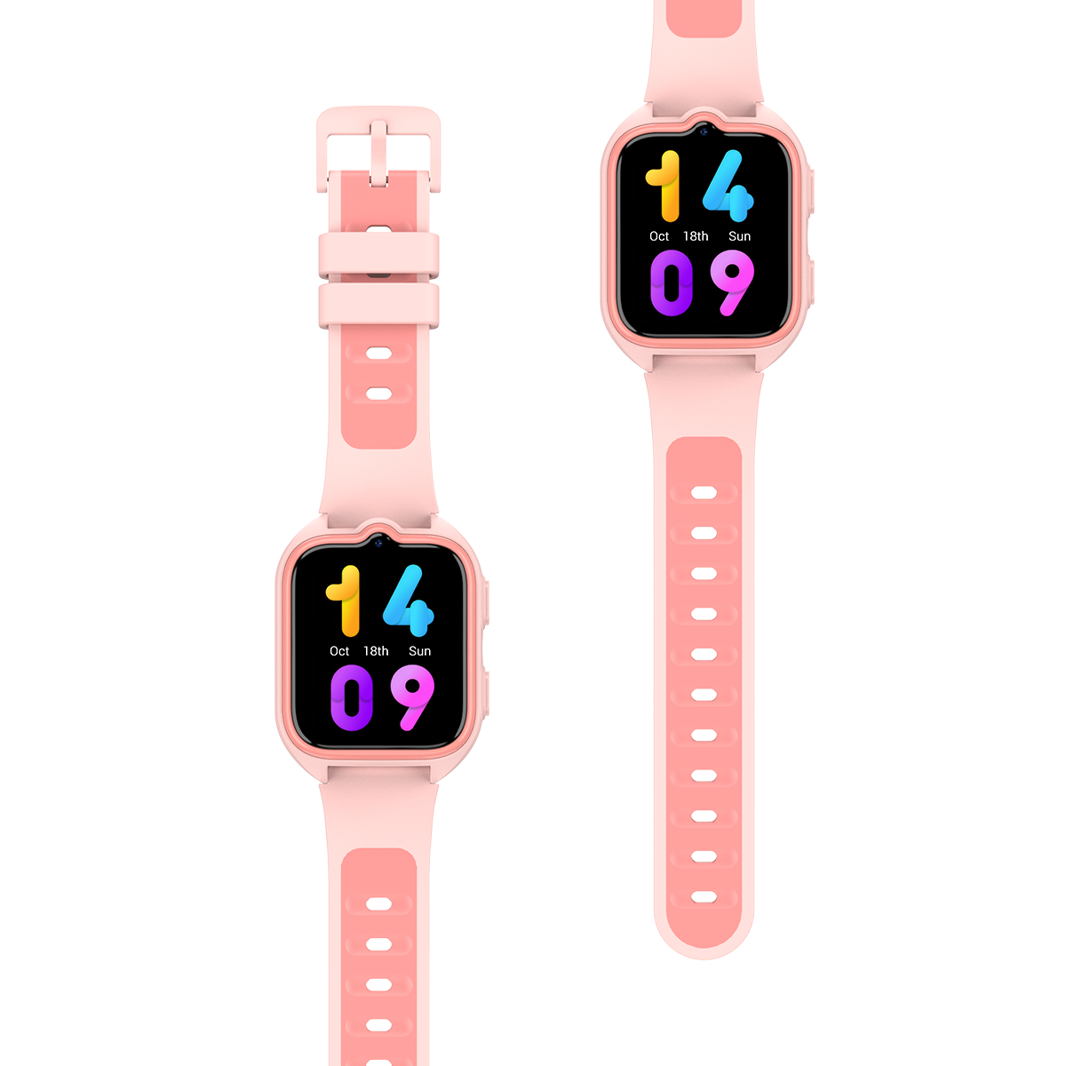 Dos relojes inteligentes rosas uno al lado del otro mostrando pantalla digital. Izquierda es un reloj con correa.