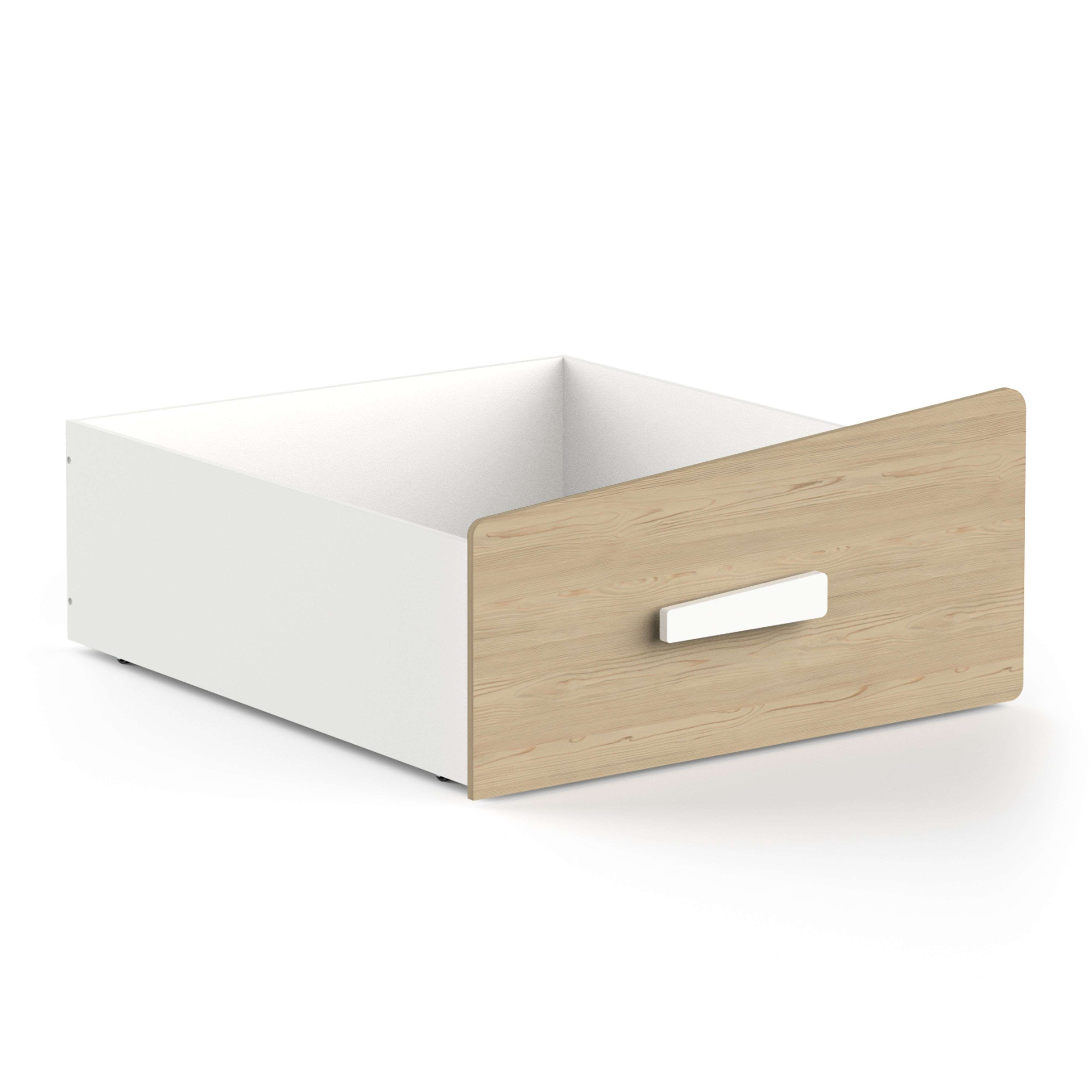 Un cajón blanco con frente y tirador de madera, sobre fondo blanco.
