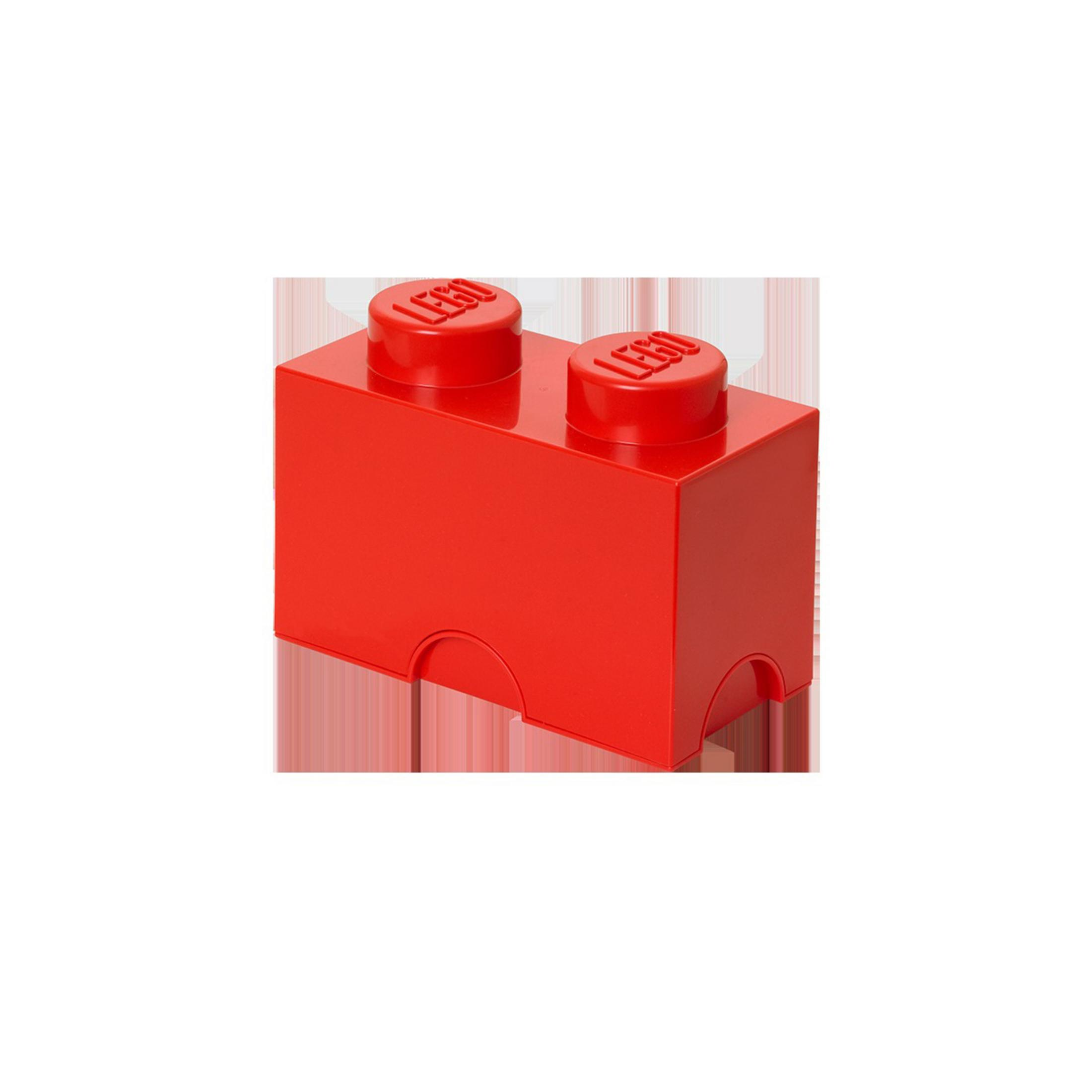 Un mattoncino Lego rosso con due perni e rientranze sul fondo.