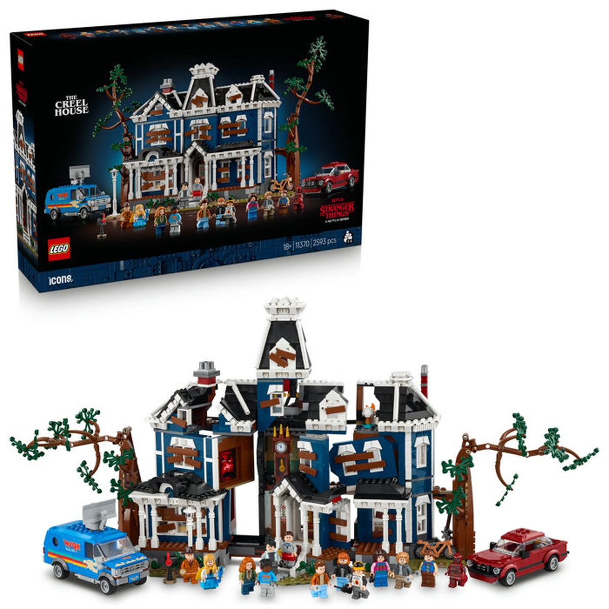 LEGO Stranger Things Creel House seti figürler, kamyonet ve araba ile.