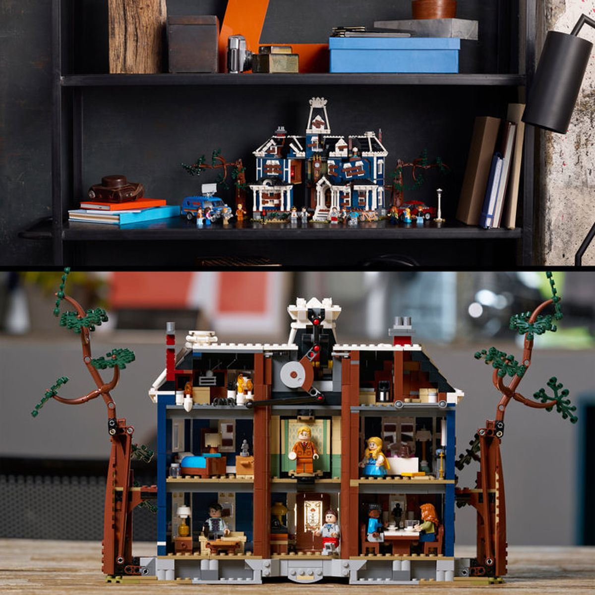 Bölünmüş görüntü: Üstte rafta LEGO ev. Altta detaylı LEGO ev içi.