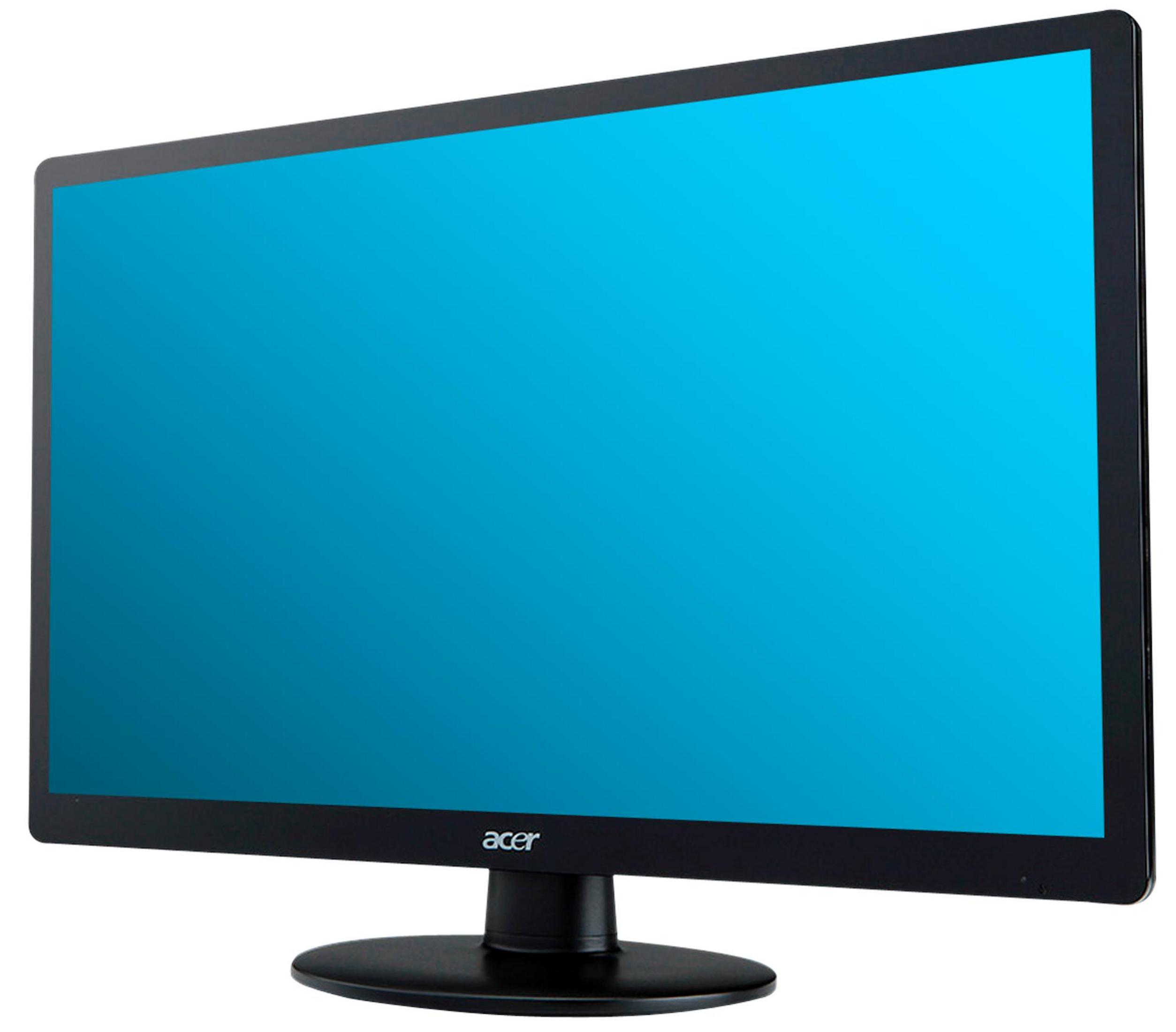 Un monitor Acer nero con schermo blu brillante su sfondo bianco.