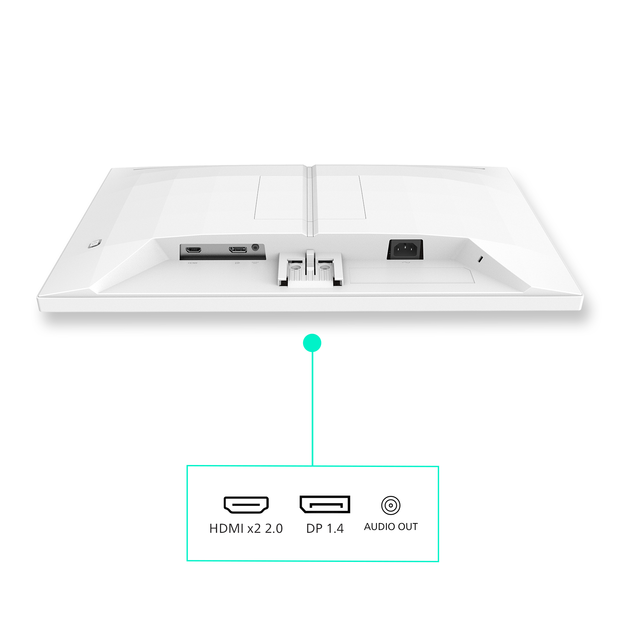 Tył białego monitora z portami: 2x HDMI, DP 1.4, wyjście audio i zasilanie.