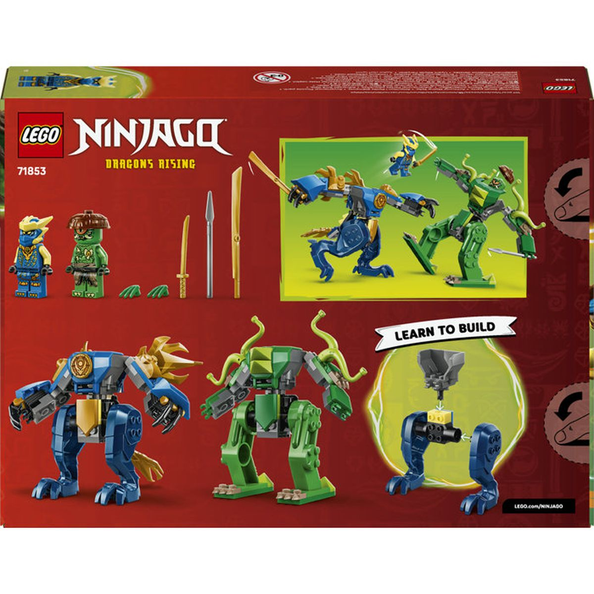 Arte de caja LEGO Ninjago Dragons Rising: figuras, armas y escenas de acción de mechs azules y verdes.
