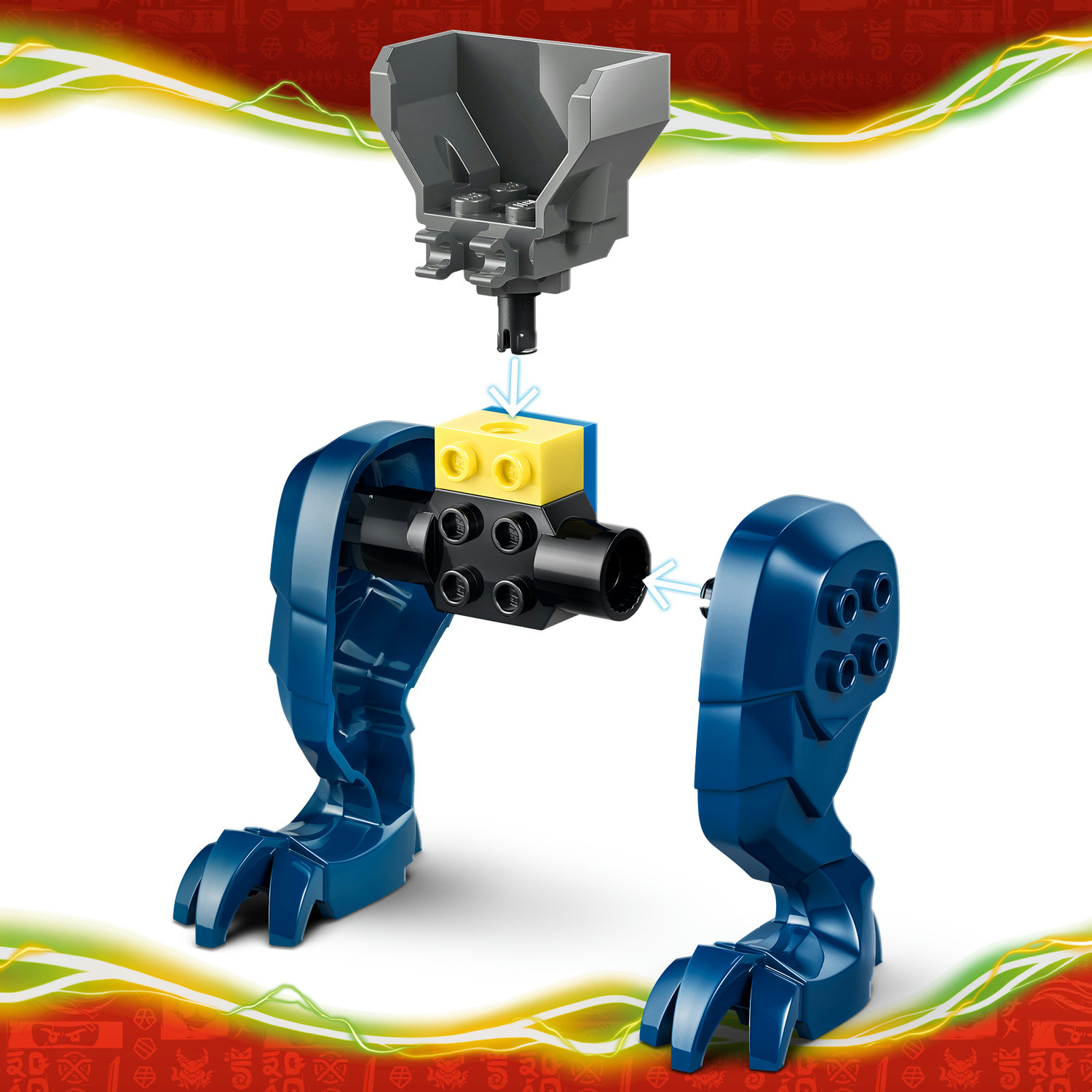 Una pieza gris de Lego se une a una figura azul de Lego.