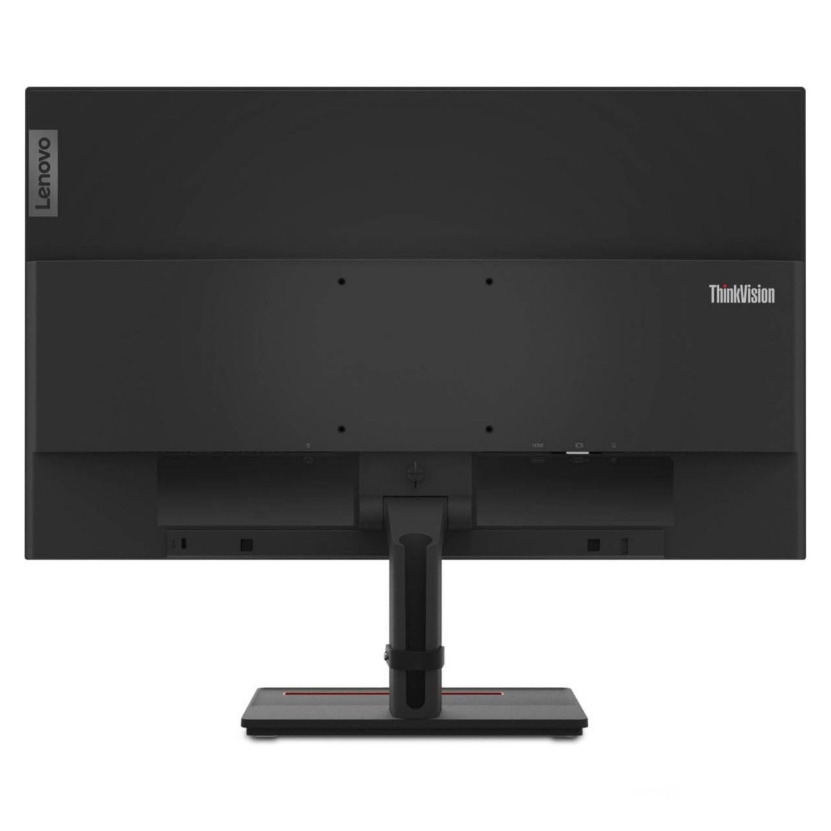 Vista posteriore di un monitor Lenovo ThinkVision nero su sfondo bianco.