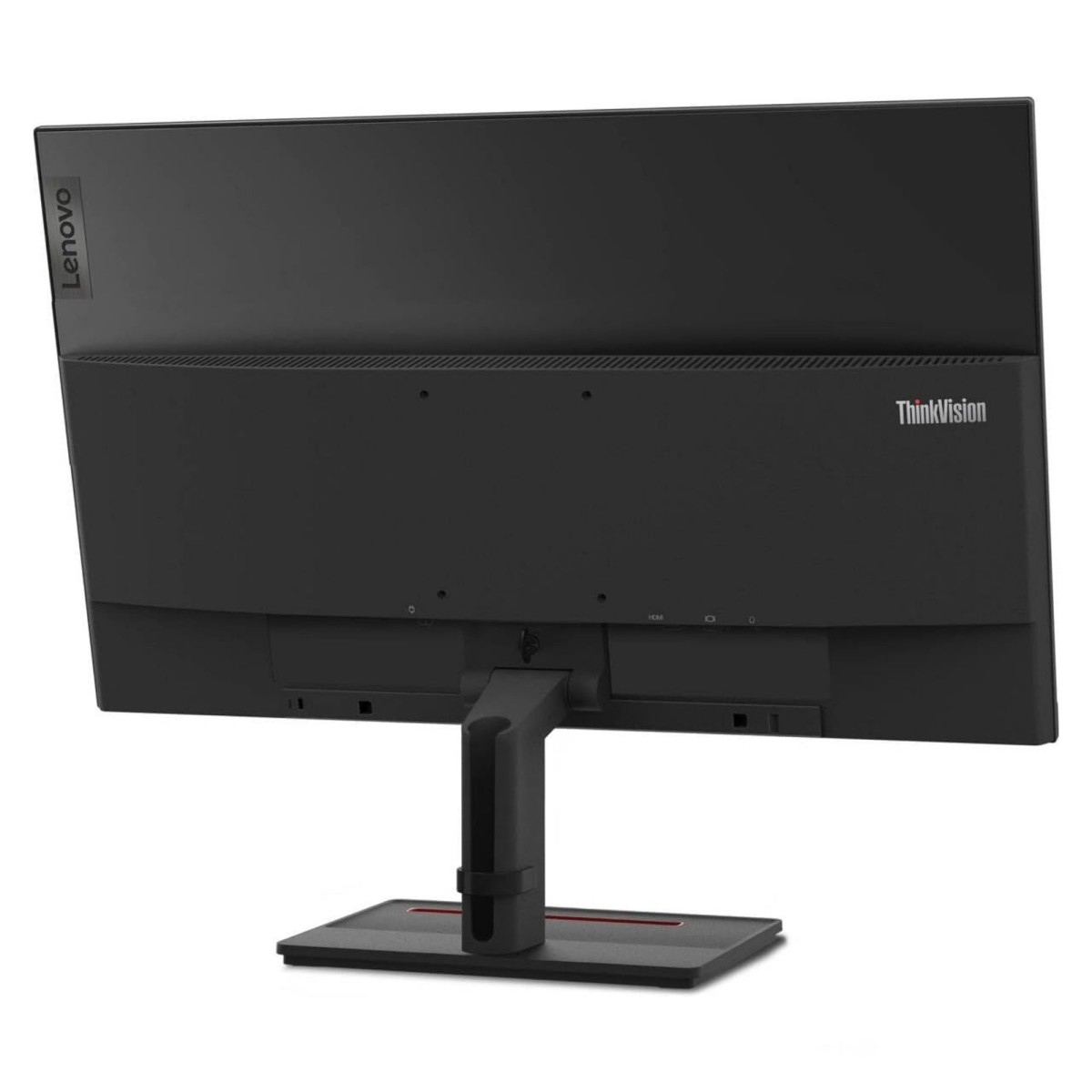 Vista posteriore di un monitor Lenovo ThinkVision nero con supporto e porte.