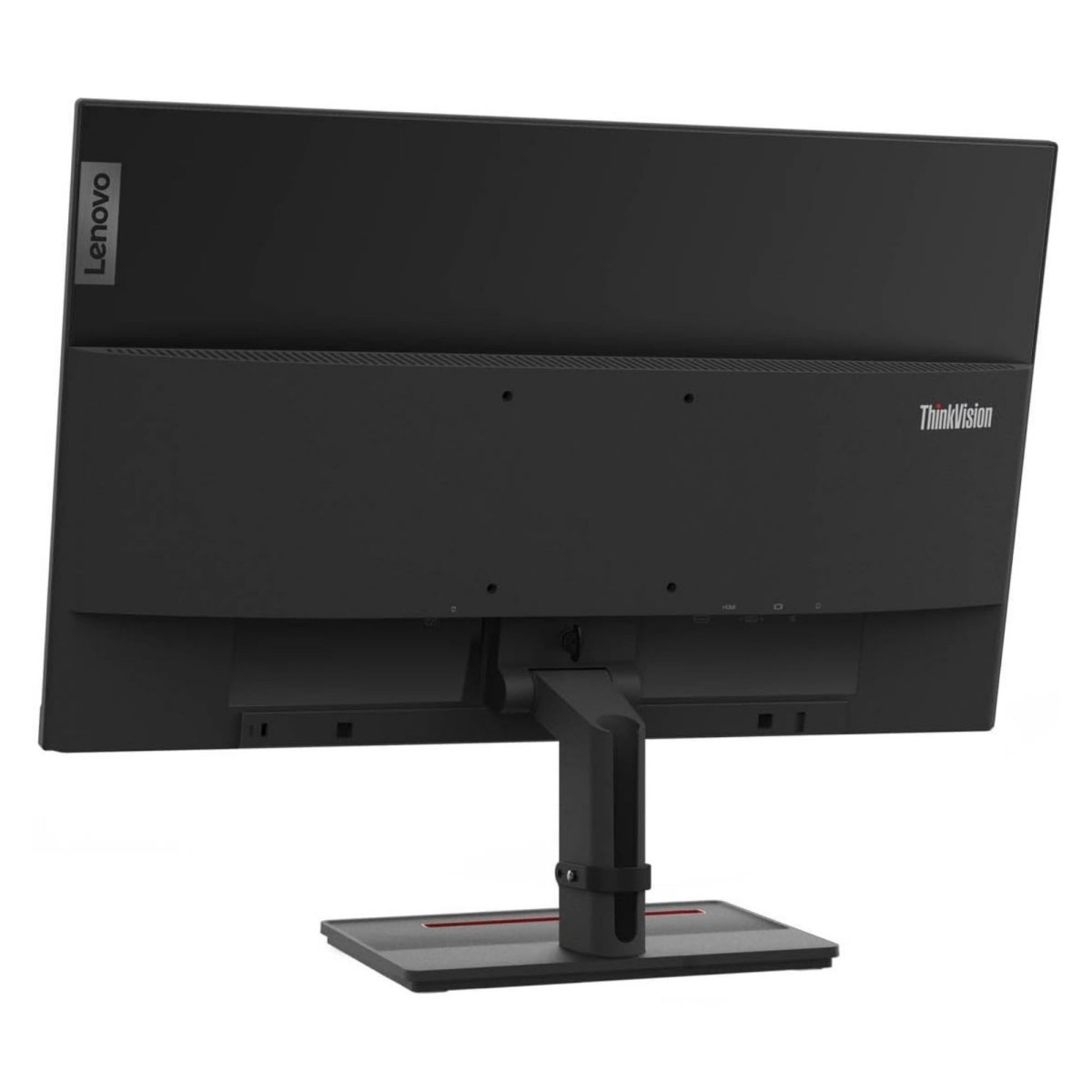 Vista posteriore di un monitor Lenovo ThinkVision nero con supporto regolabile.