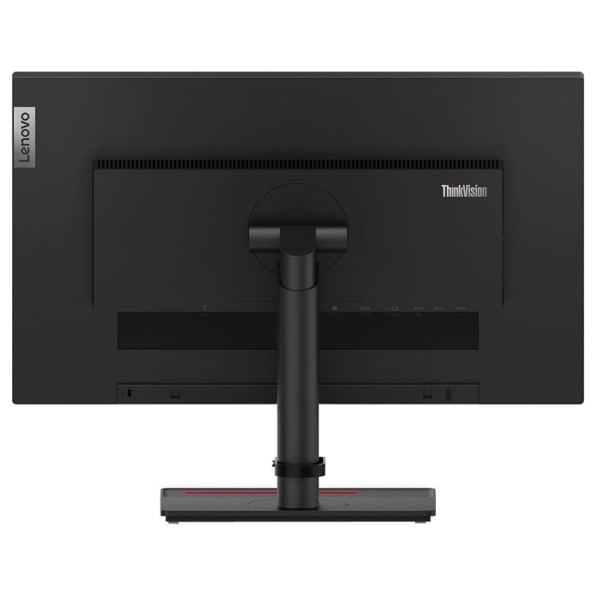 Vista posteriore di un monitor Lenovo ThinkVision nero con supporto e porte.