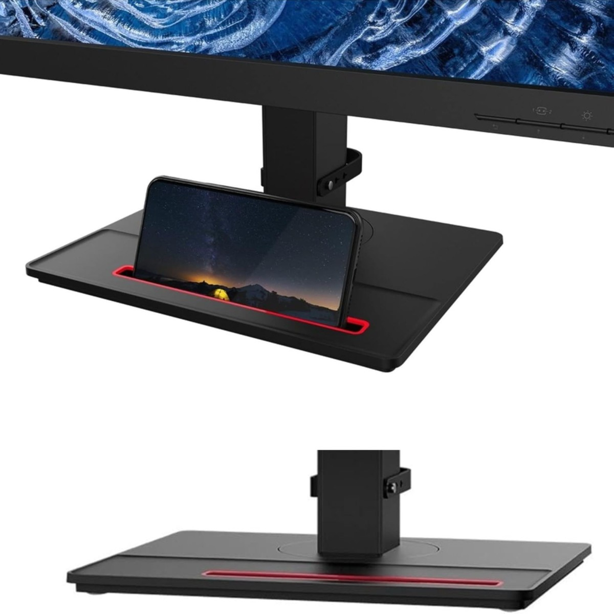 Base monitor nera con supporto smartphone integrato e linea rossa.
